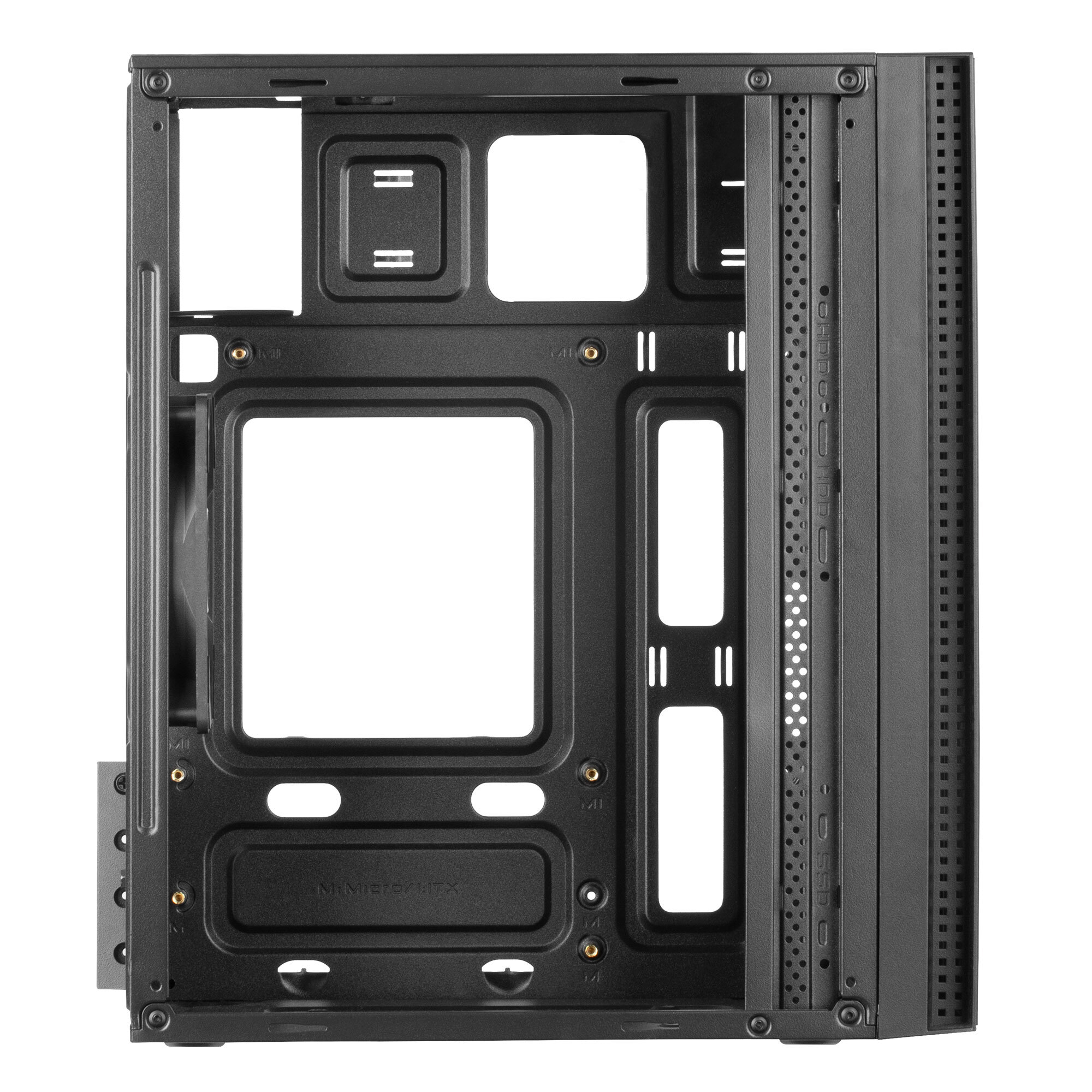 Interior de caja de PC abierta con varias áreas de montaje para componentes, mostrando el marco y la estructura.