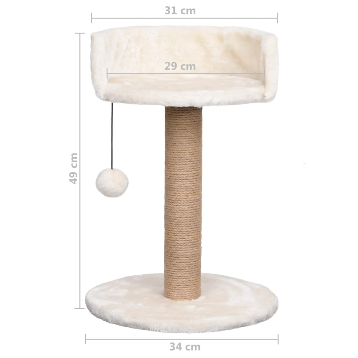 Ein Katzenspielplatz mit weißem Plüsch-Oberteil und -Sockel sowie einer braunen, seilbedeckten Mittelsäule, mit Abmessungen.