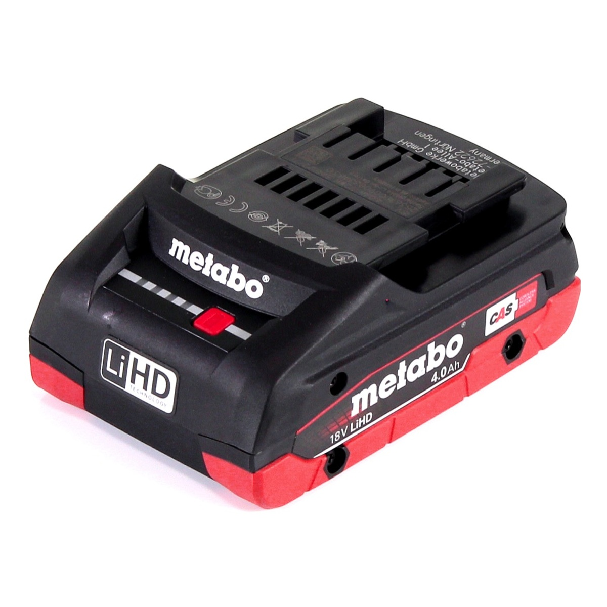 Ein schwarzer und roter Metabo 18V LiHD Akku mit roter Taste und weißen LED-Leuchten.