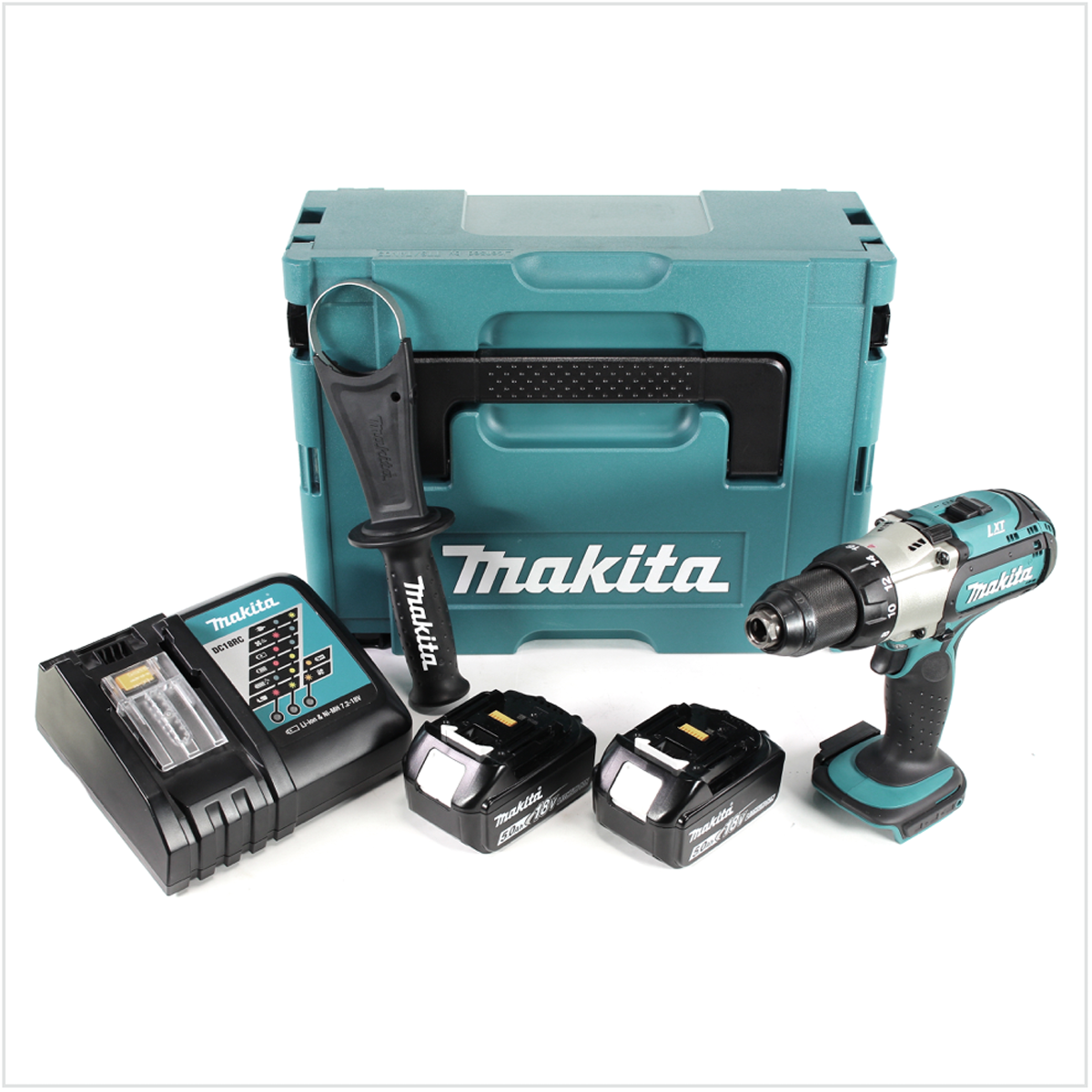 Un set di utensili Makita comprende trapano, caricabatterie, batterie e una custodia.