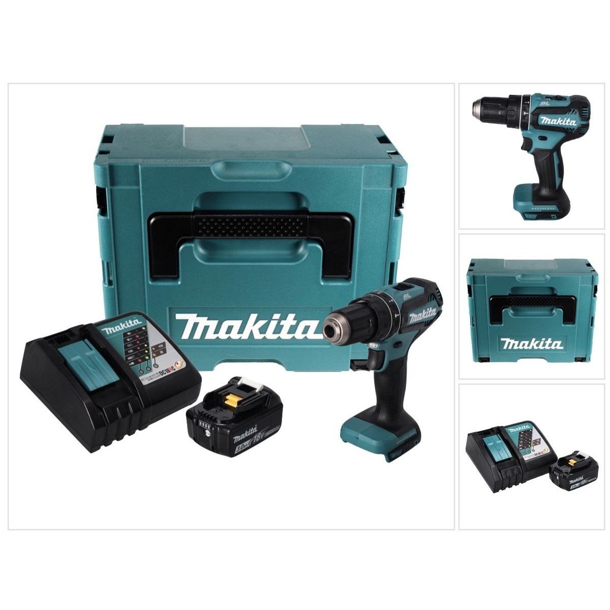 Mehrere Bilder eines Makita-Bohrers, Ladegeräts und Akkusatzes.
