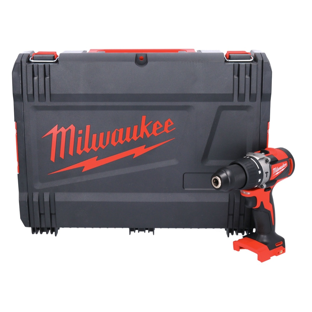 Milwaukee rot-schwarzes Bohrer-Set mit Koffer auf weißem Hintergrund.