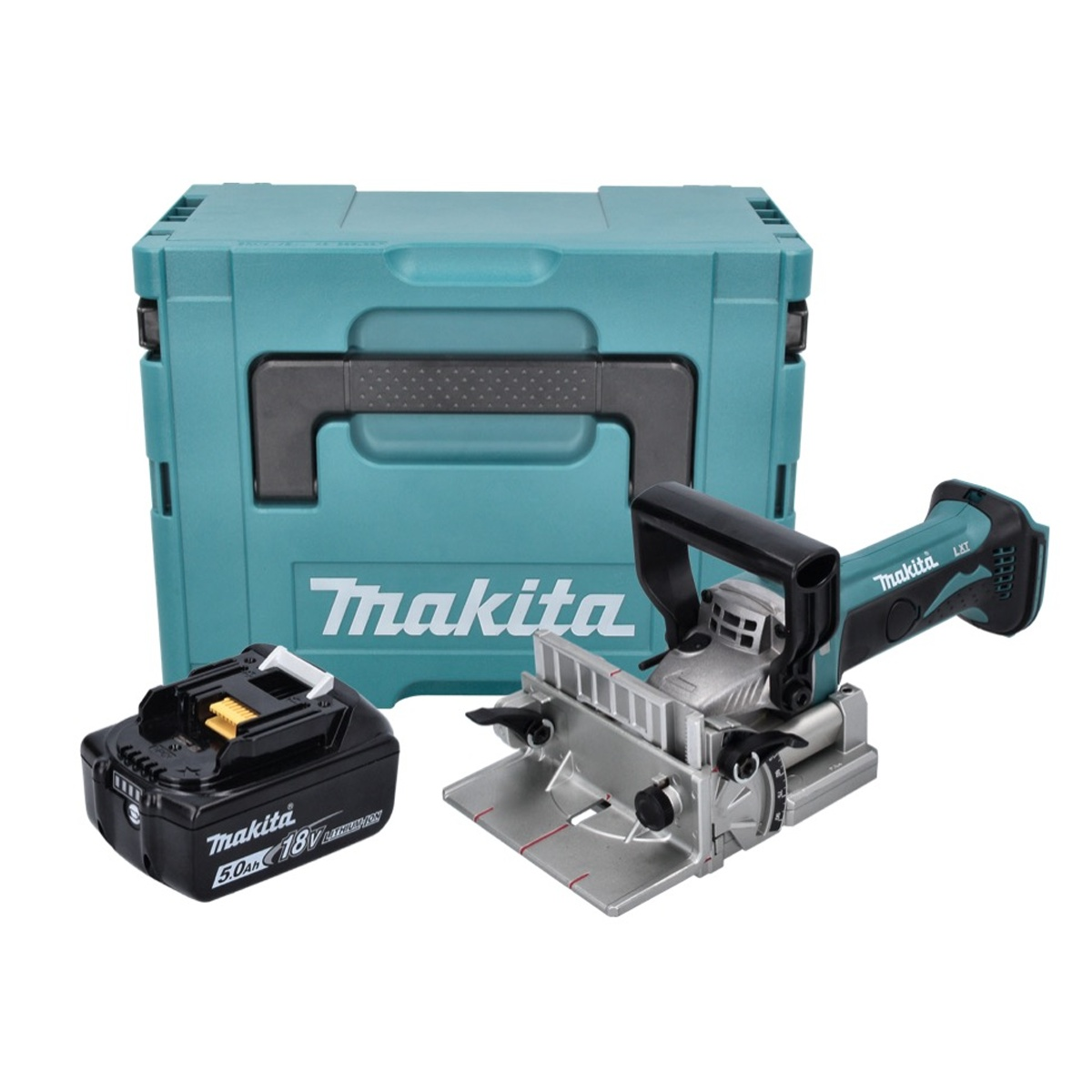 Eine tealfarbene Makita-Werkzeugbox und ein Makita-Werkzeug mit schwarzem Akku auf weißem Hintergrund.