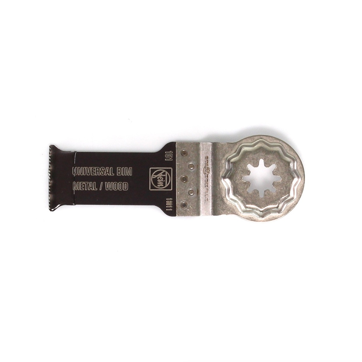 Eine oszillierende Multitool-Klinge in Schwarz und Silber mit dem Text 'UNIVERSAL BIM METAL/WOOD'.