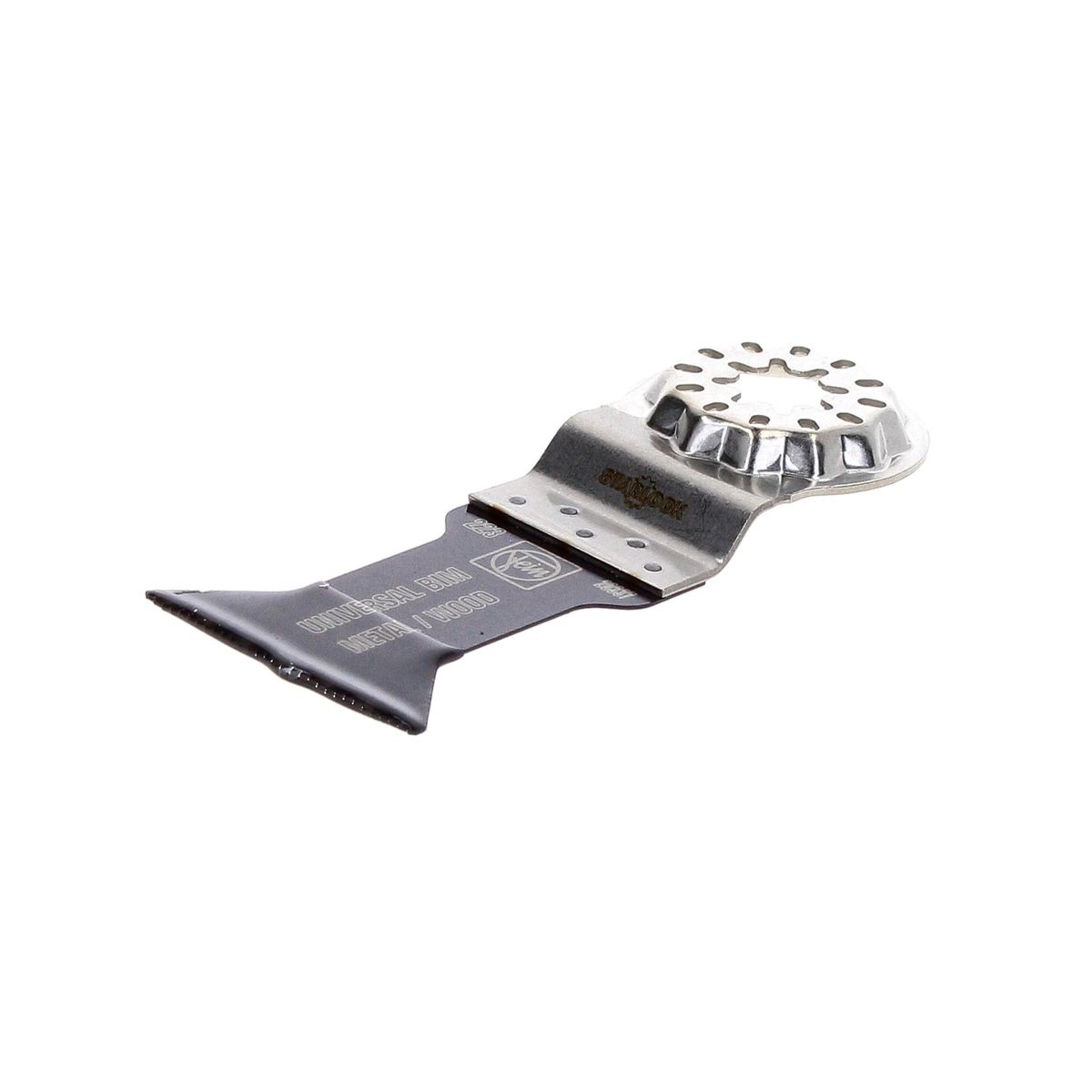 Una lama per multiutensile oscillante nera e argento con la scritta 'UNIVERSAL BIM METAL/WOOD'.