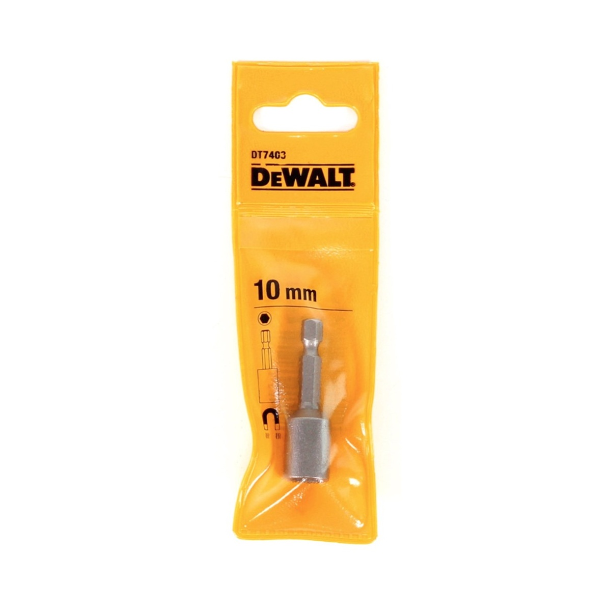 DeWalt 10 mm Werkzeugbit in einer gelben Verpackung. Das Bit ist silberfarben.