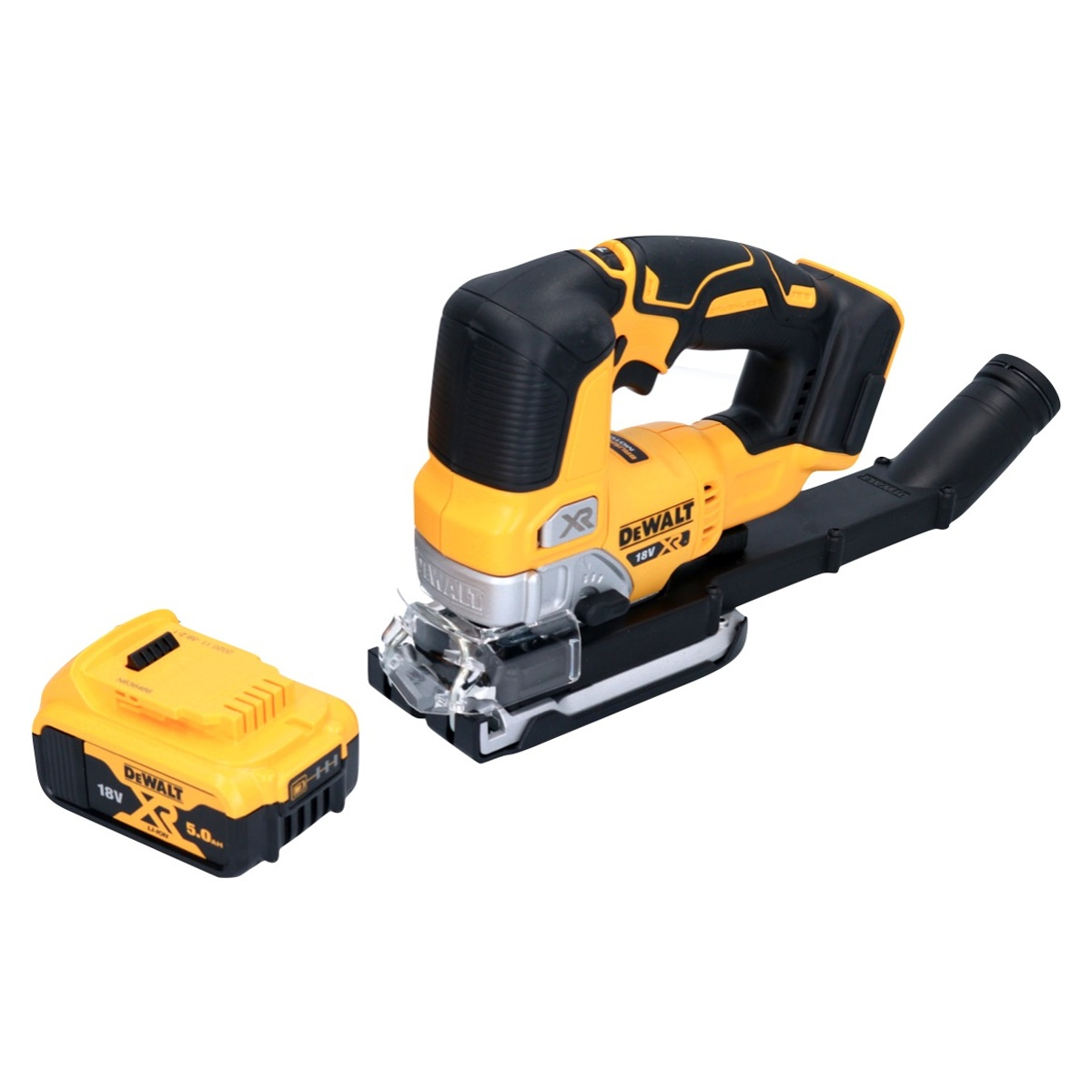 Gelbe und schwarze DeWalt Stichsäge mit Akku. Der Akku ist separat und gelb.