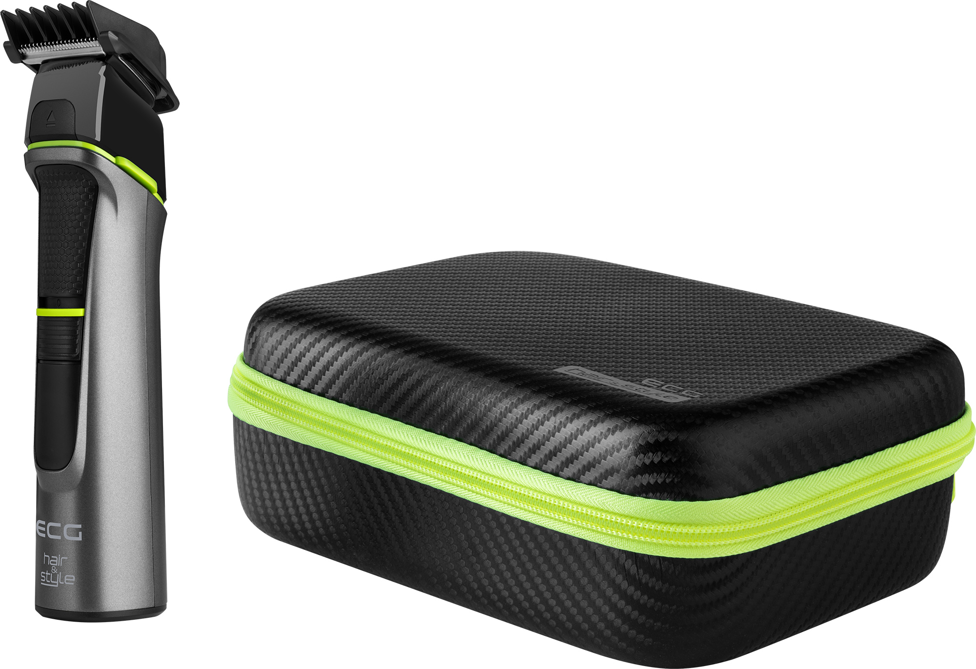 Un tagliacapelli e una custodia nera con cerniera verde neon.