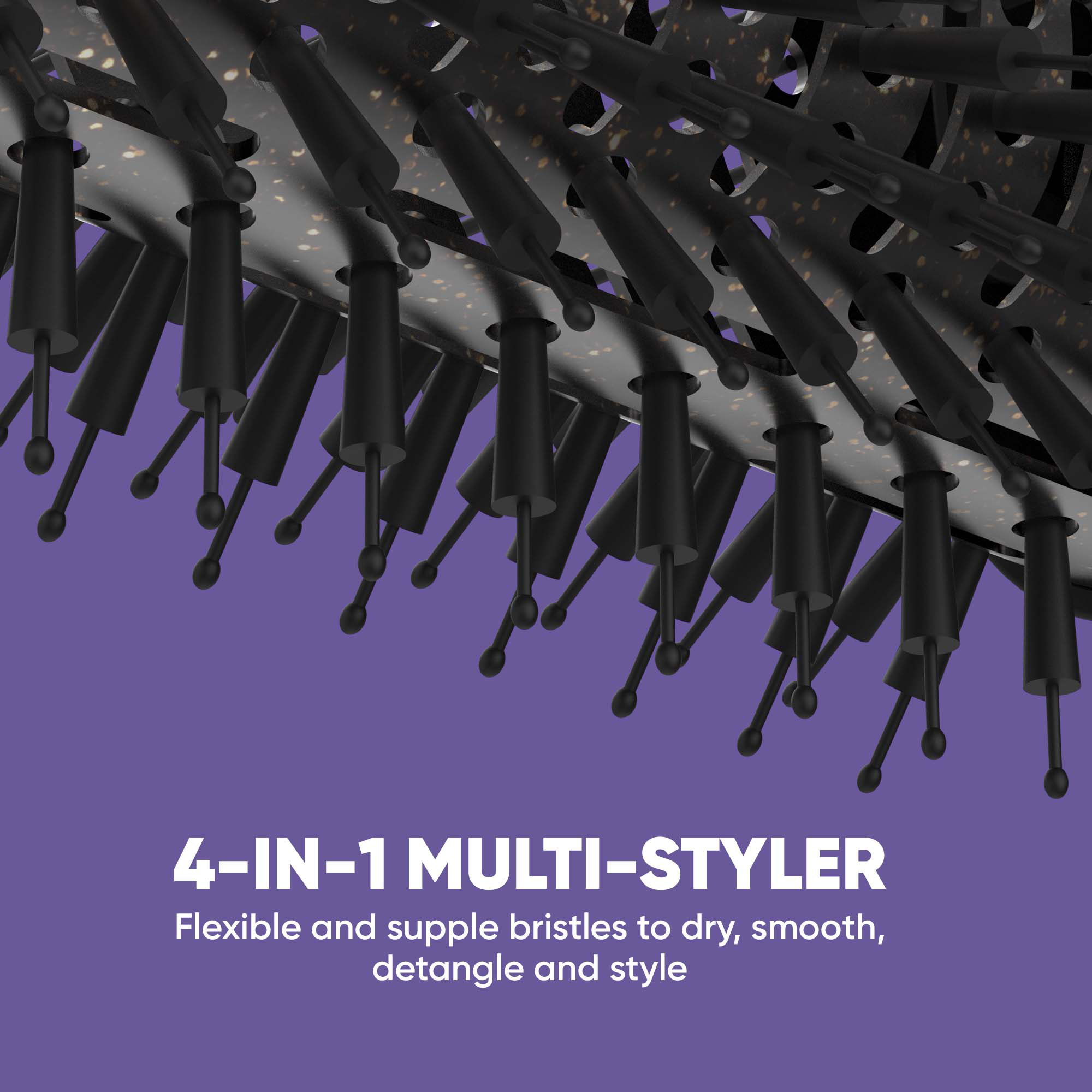 Una spazzola per capelli multi-styler 4 in 1 con setole nere su sfondo viola viene mostrata.