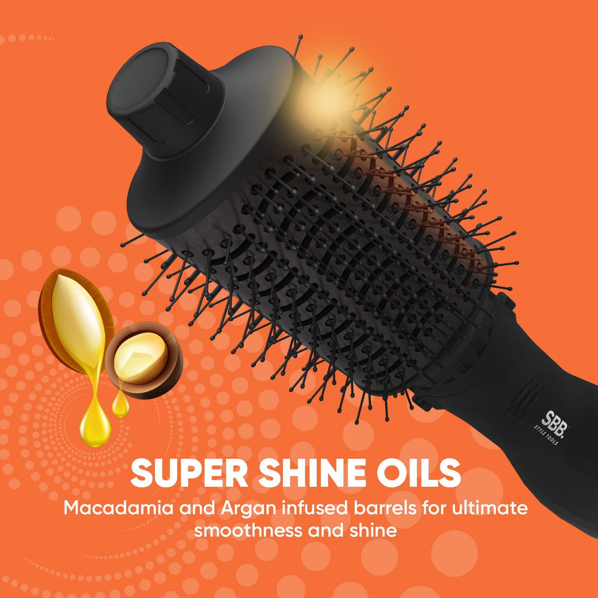 Spazzola asciugacapelli nera con gocce d'olio. Sfondo arancione. Sovrapposizione di testo.