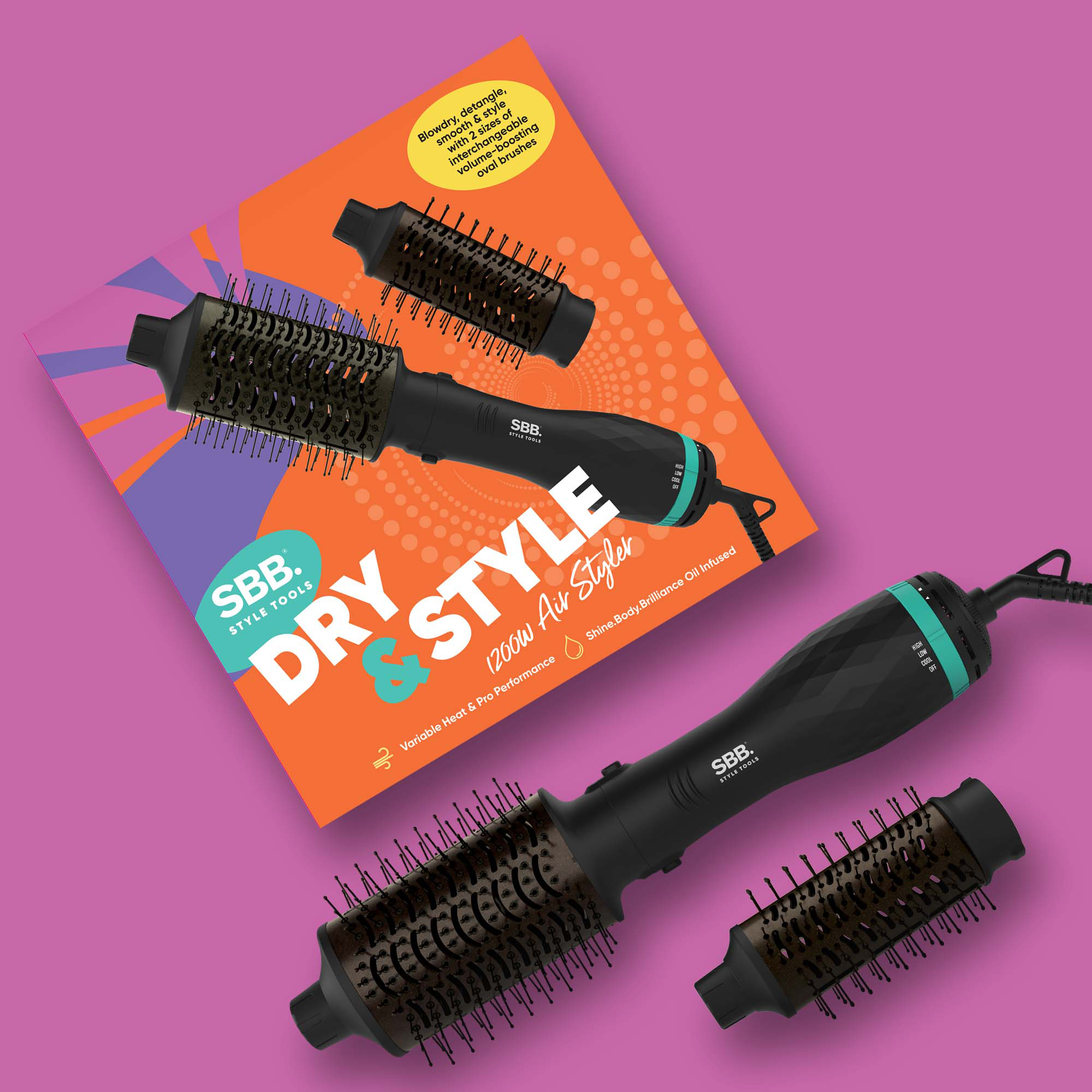 Styling per capelli Dry Style con testine intercambiabili. Confezione viola e arancione.