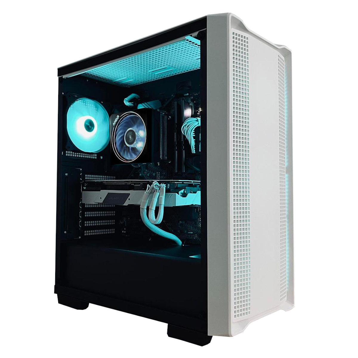 Una caja de ordenador abierta con componentes internos, incluyendo un enfriador de CPU con ventilador y luces LED.