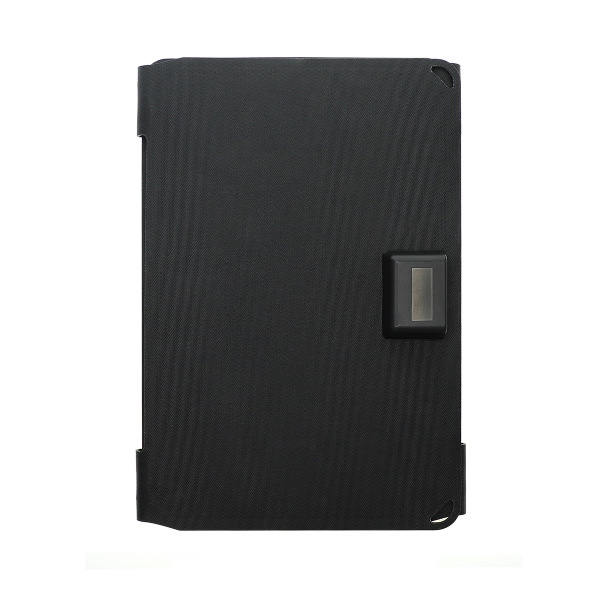 Custodia per tablet nera con una piccola apertura rettangolare per un pulsante o un sensore.
