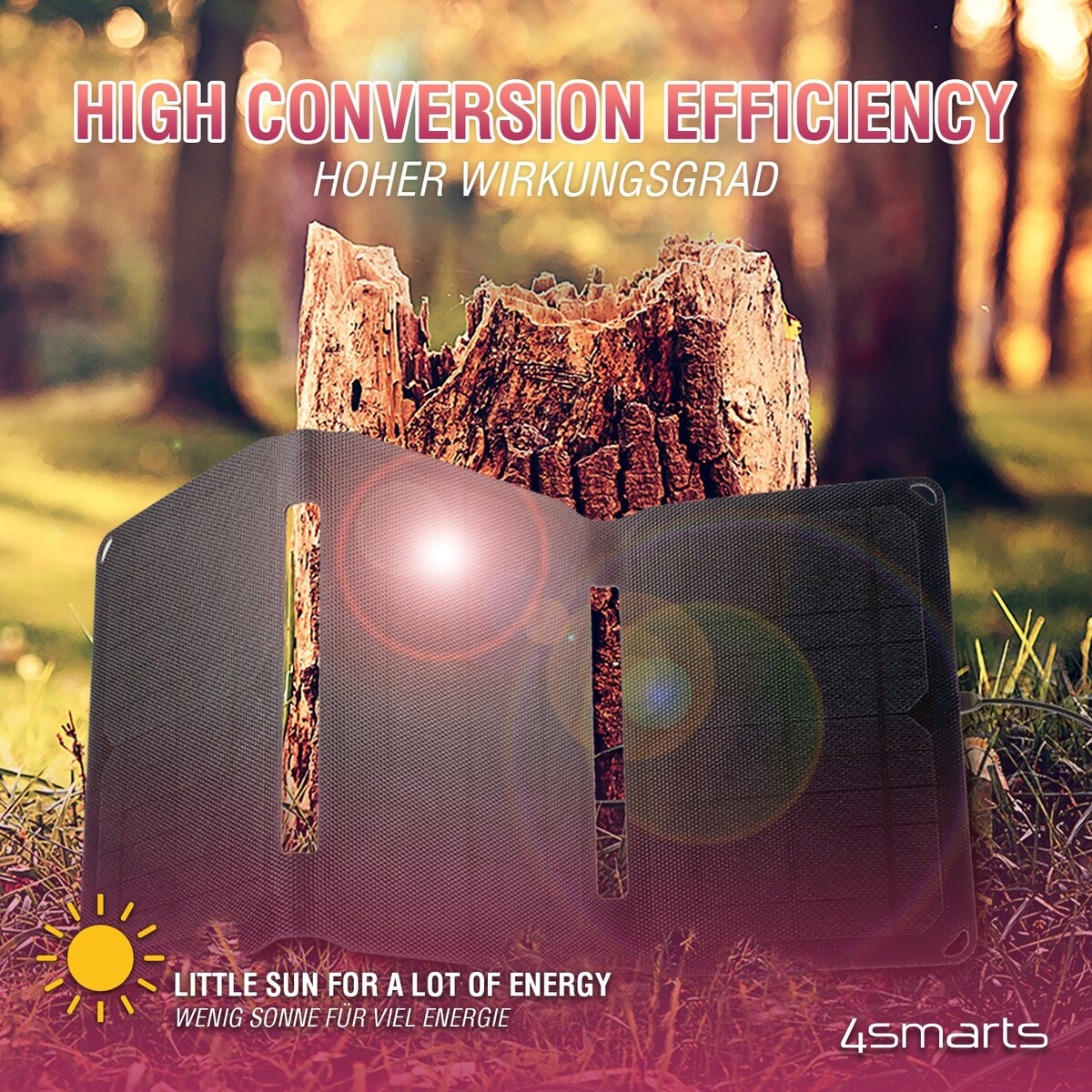 Un pannello solare nero con un ceppo di legno sullo sfondo. Testo: High Conversion Efficiency.
