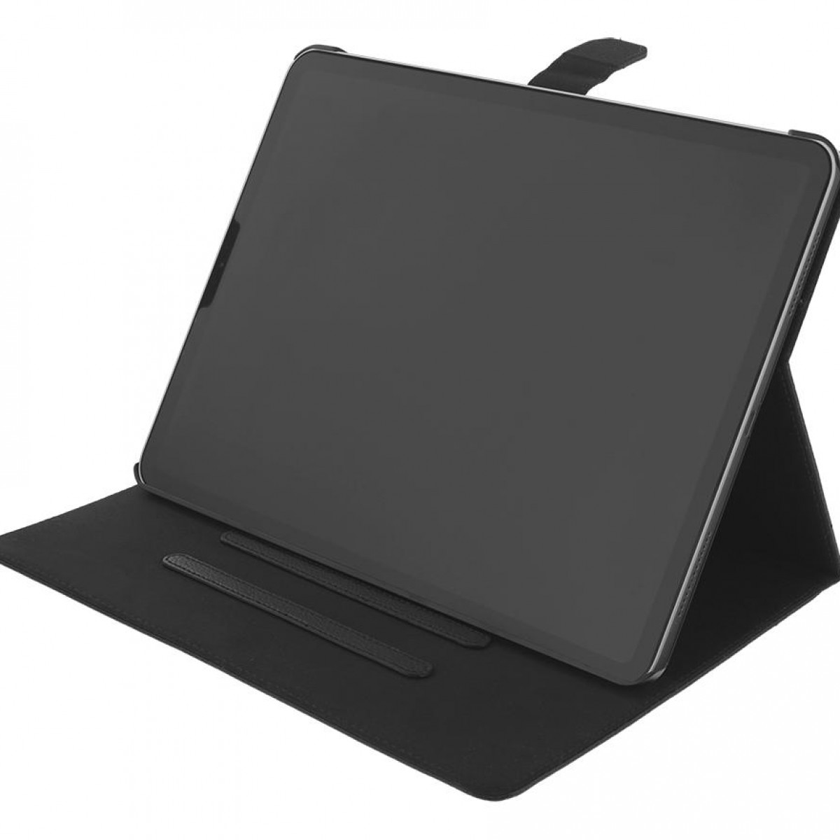 Schwarzes Tablet in schwarzem Case, nach oben geneigt, geschlossen.