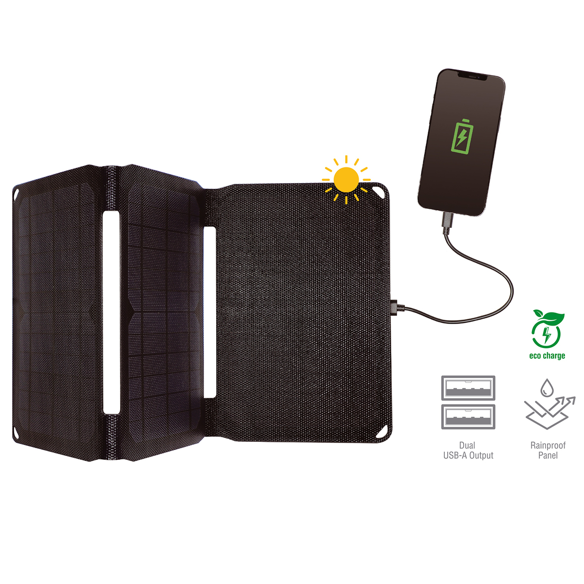 Pannello solare pieghevole nero con telefono in carica tramite USB, e icona eco carica.