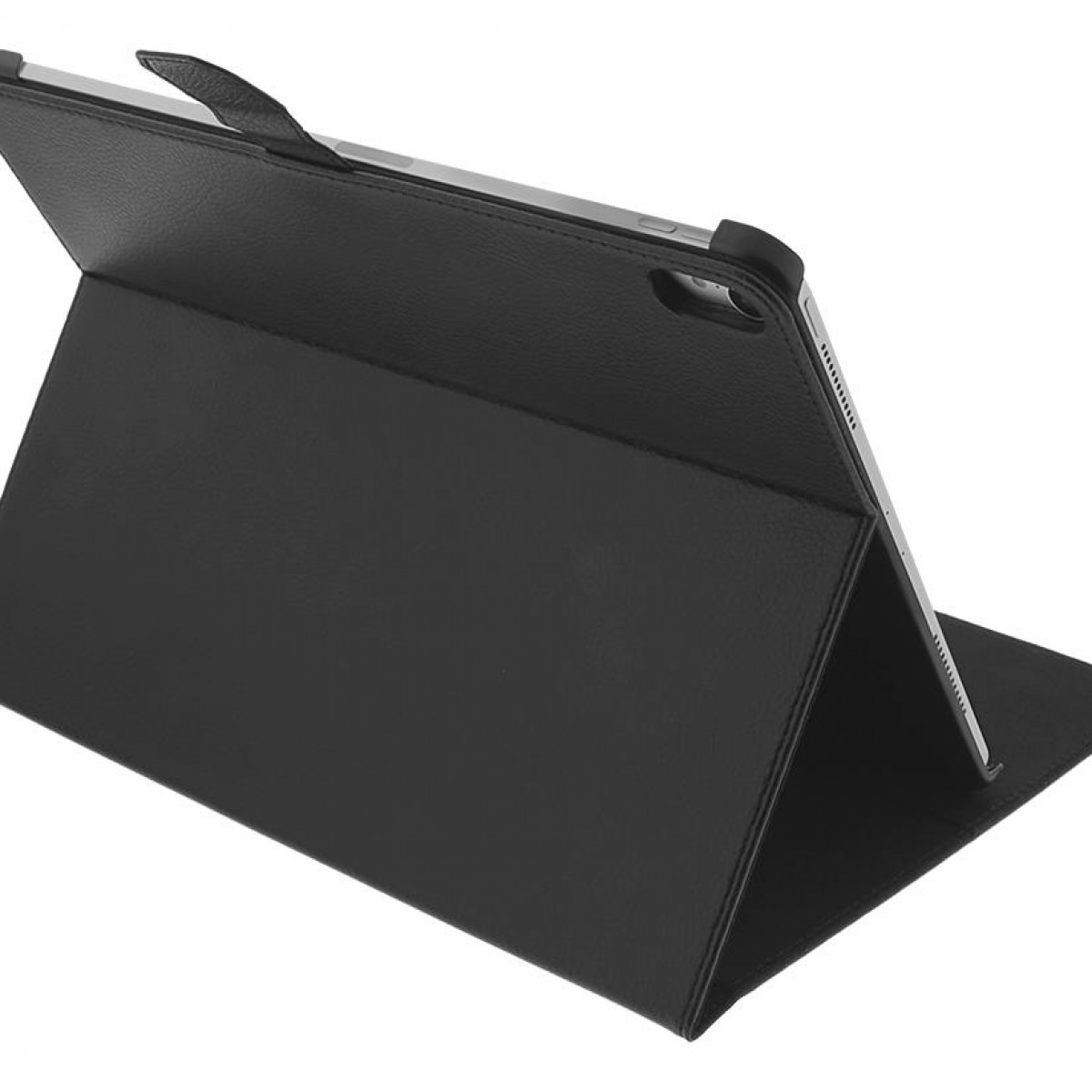 Schwarzes Tablet in einer schwarzen Hülle, geöffnet und angewinkelt. Die Hülle ist lederartig.