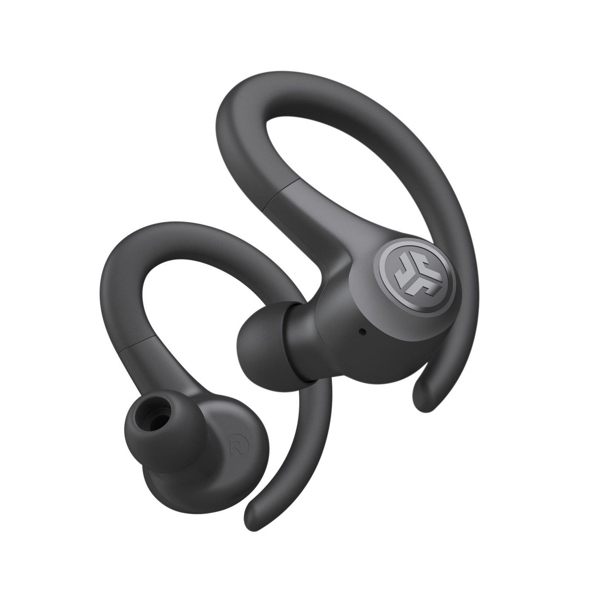Cuffie auricolari wireless nere con ganci per l'orecchio, isolate su sfondo bianco.