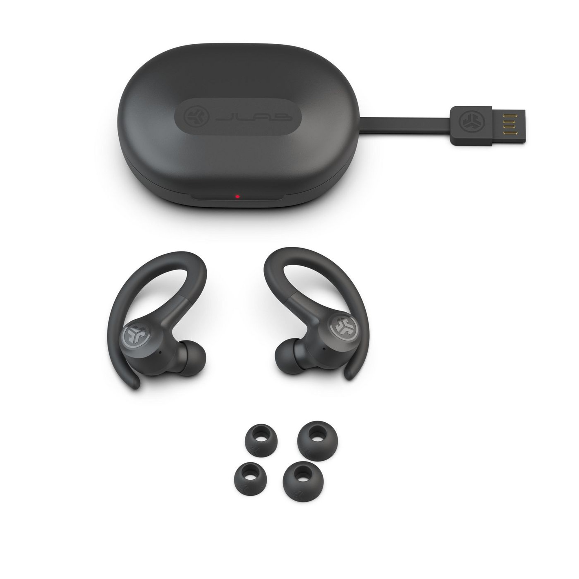 Auricolari JLab neri con custodia di ricarica e auricolari extra.