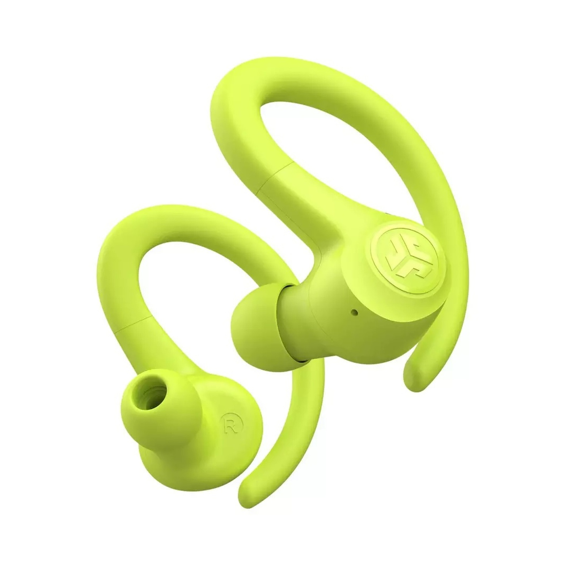 Limonkowo-zielone bezprzewodowe słuchawki z zaczepami na uszy, na białym tle.