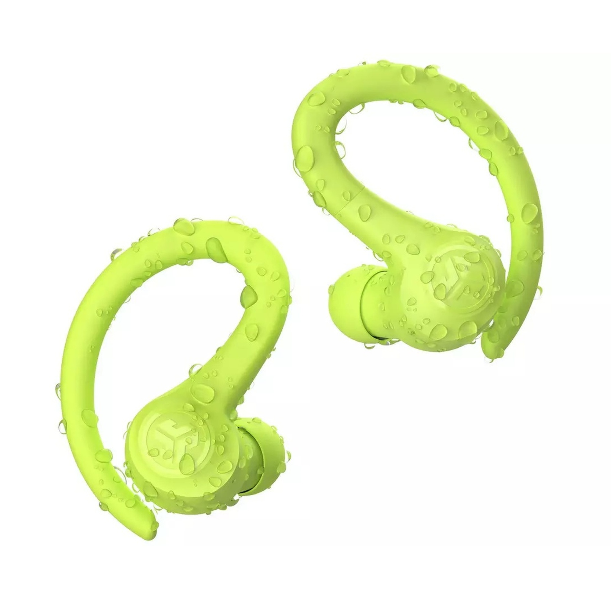 Para neonowych zielonych słuchawek bezprzewodowych, z kroplami wody.