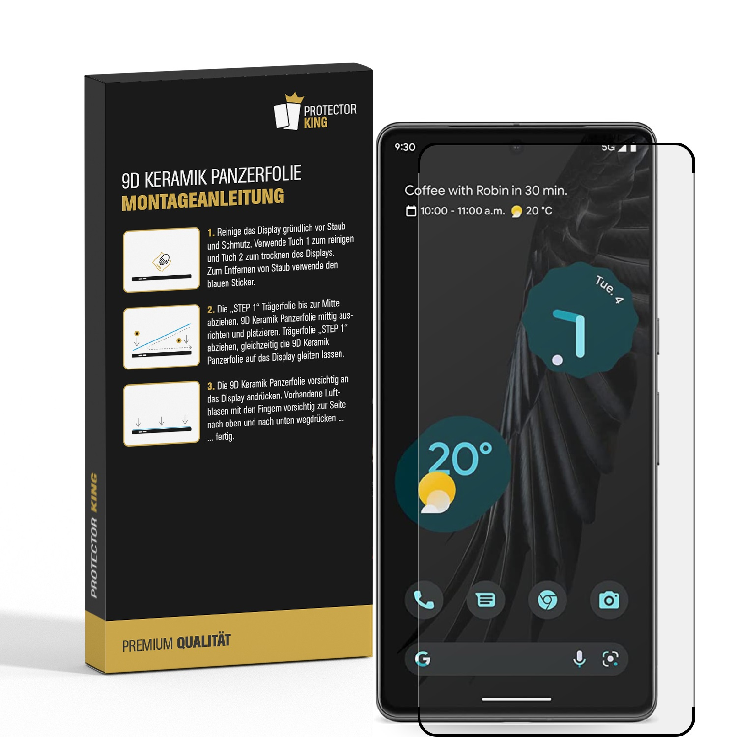 Telefon mit Displayschutz, Anweisungen und Box, auf weißem Hintergrund.