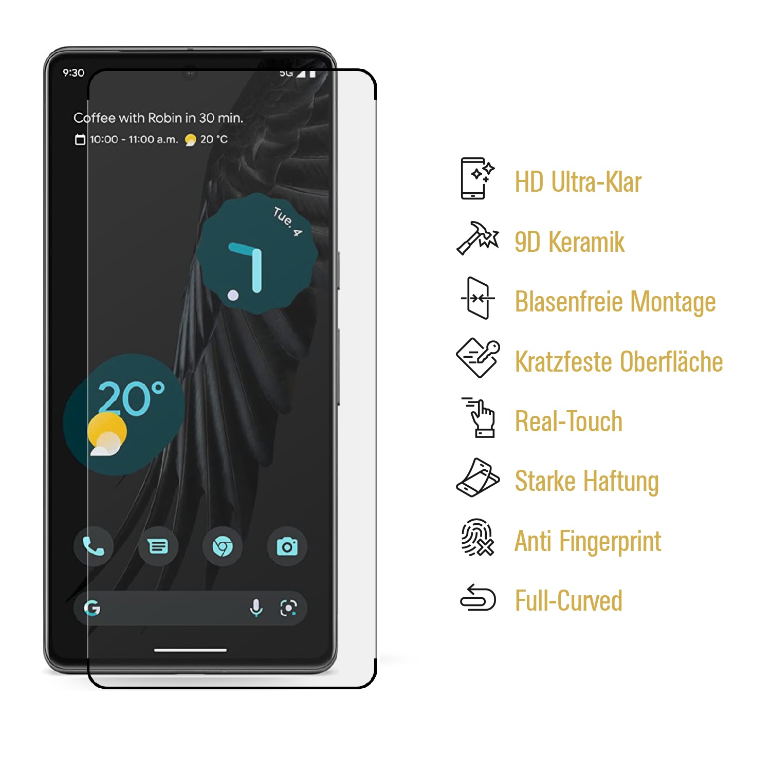 Ein Telefon mit aufgebrachter Displayschutzfolie, neben Symbolen und Text zur Beschreibung der Funktionen.
