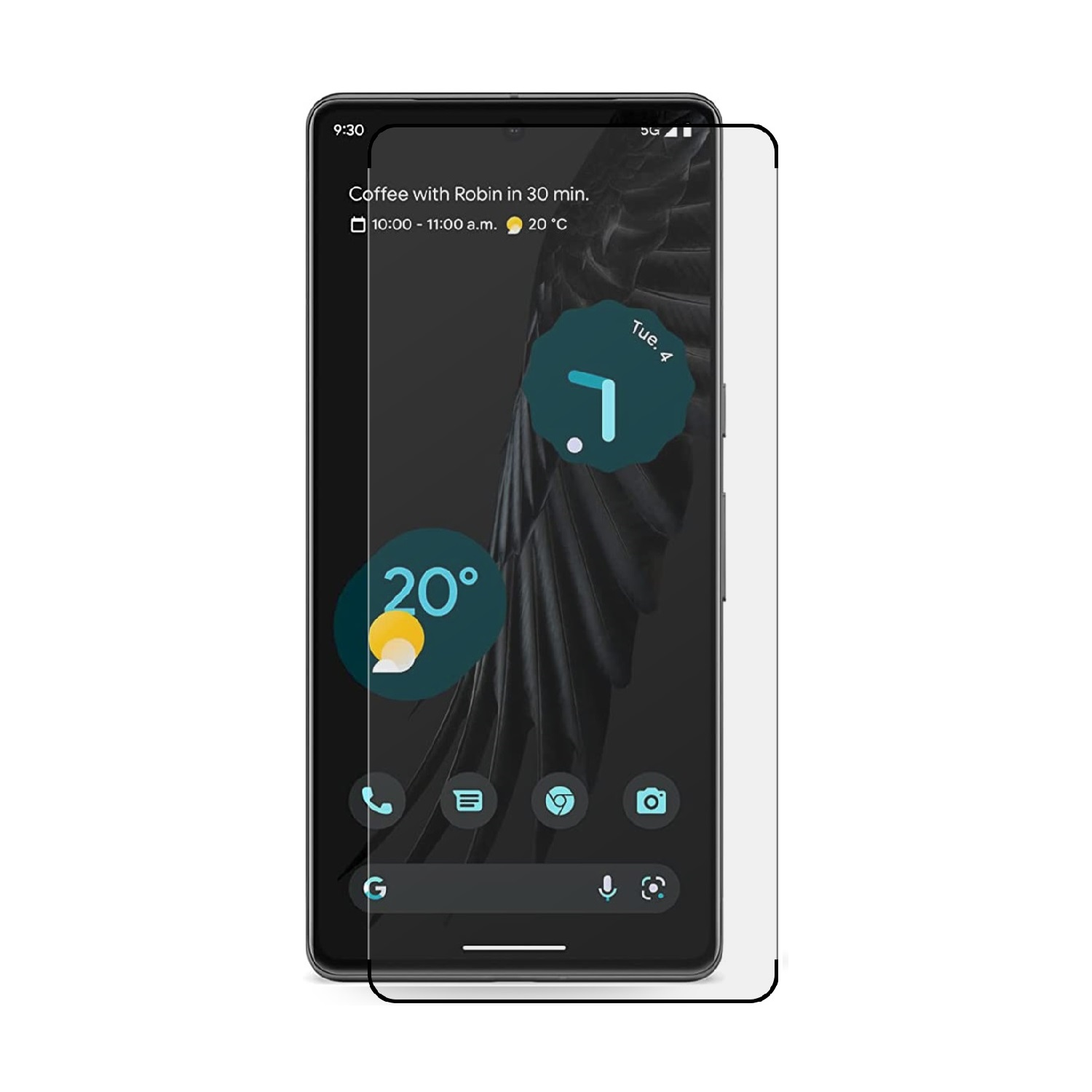 Ein Smartphone mit Displayschutz. Der Bildschirm zeigt eine Wetter-App und ein Kalenderereignis.
