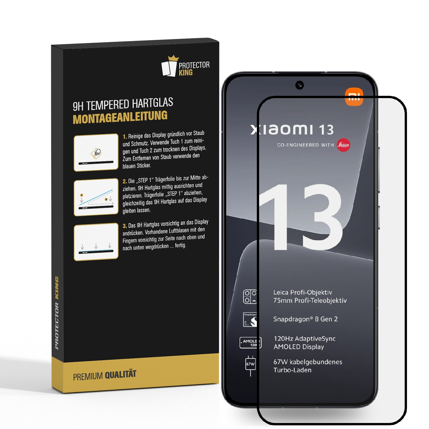 Ein Telefon mit angebrachtem Displayschutz, neben der Box mit Anweisungen und einem Telefonbild.