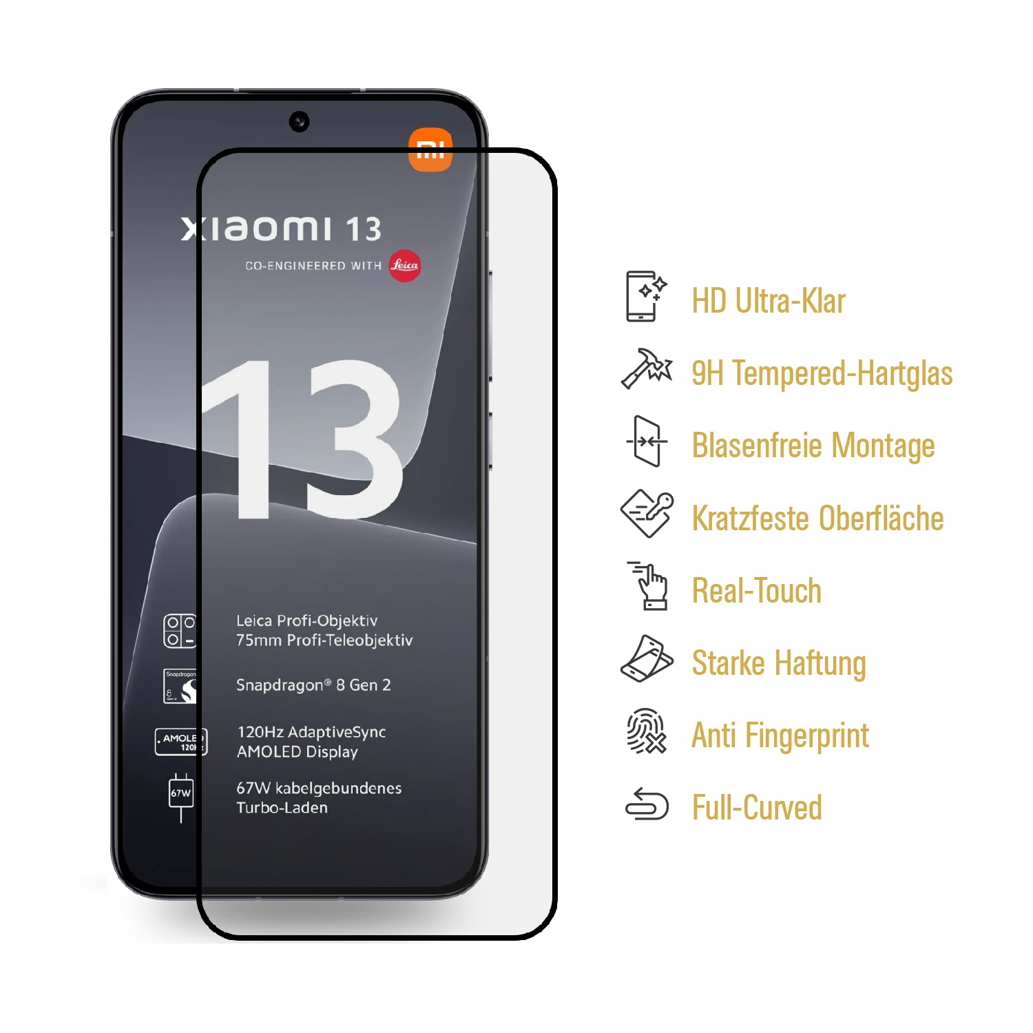 Xiaomi 13 Telefon mit Displayschutz, Funktionen aufgelistet.
