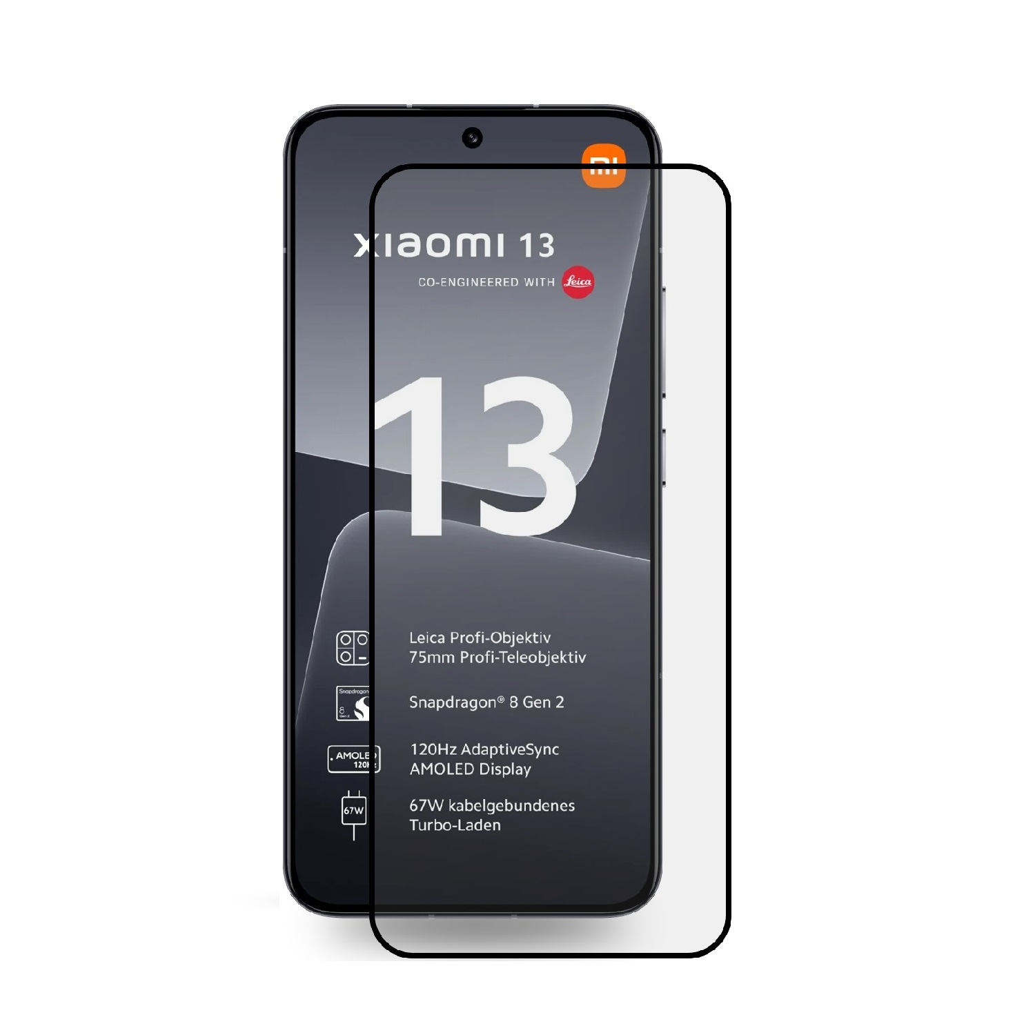 Xiaomi 13 Smartphone mit Displayschutz. Zeigt das Telefon und seine Funktionen. Weißer Hintergrund.