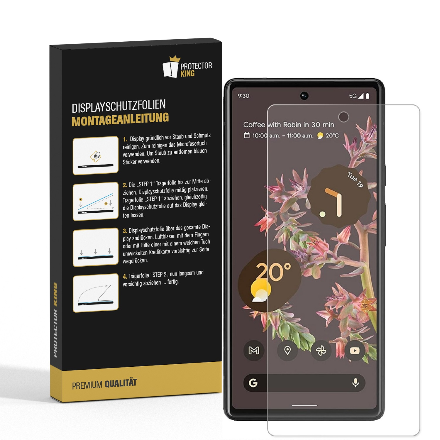 Telefon mit Displayschutzfolien-Kit. Enthält Anweisungen und eine klare Displayschutzfolie auf dem Telefon.