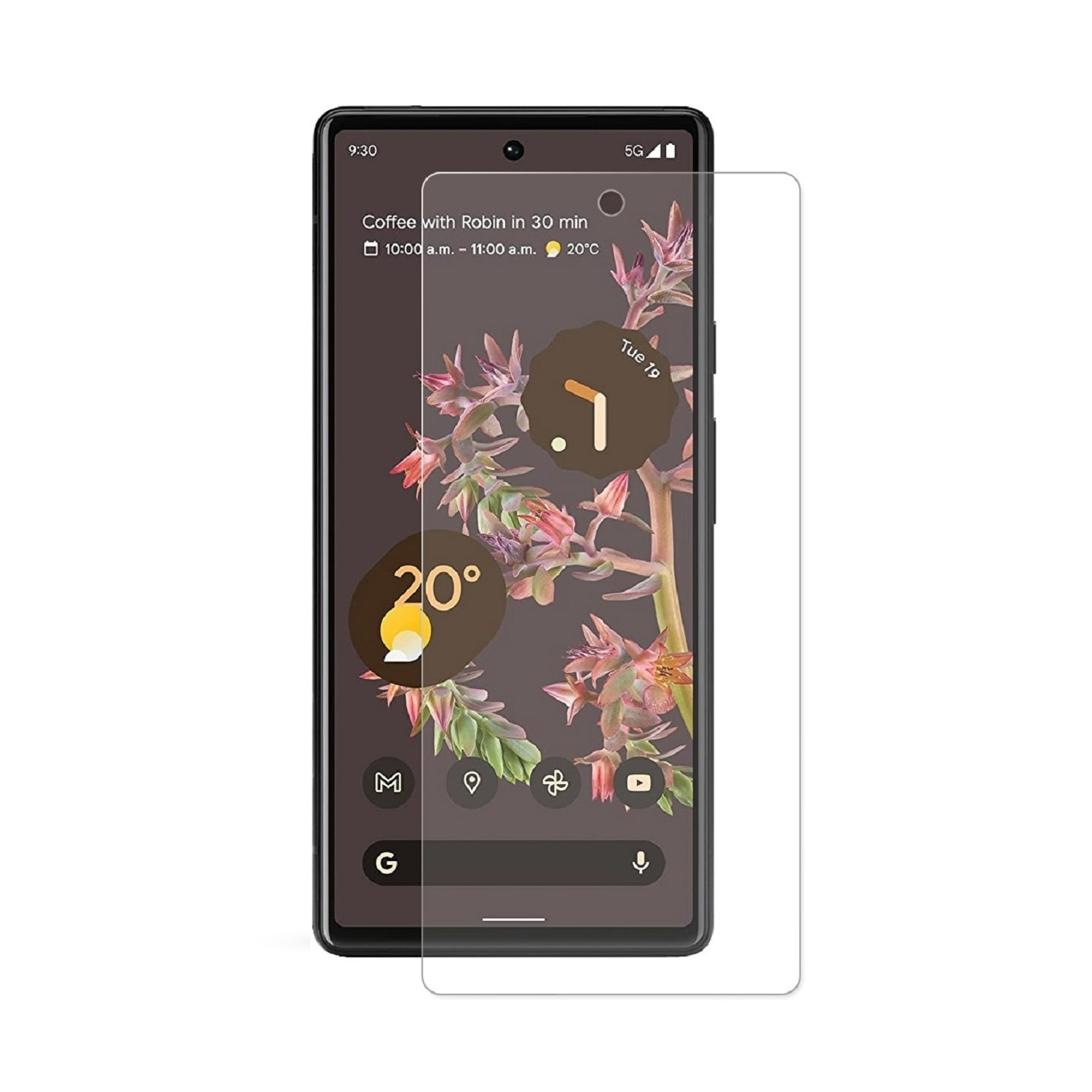 Ein Smartphone mit aufgebrachter Displayschutzfolie, das eine Wetter-App und einen Kalender zeigt.