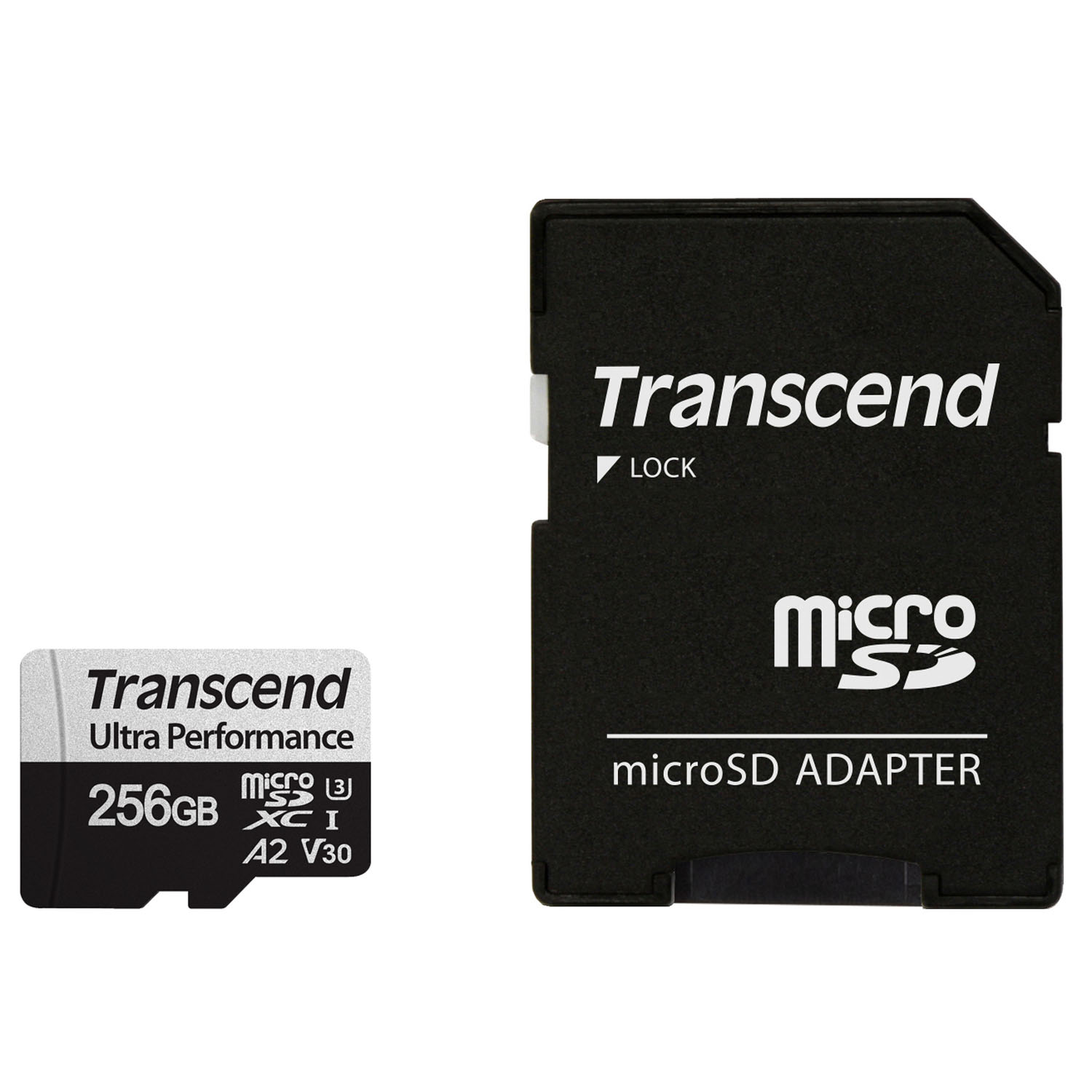 Schwarze Transcend MicroSD-Karte und Adapter, beschriftet mit Speicherkapazität und Spezifikationen.