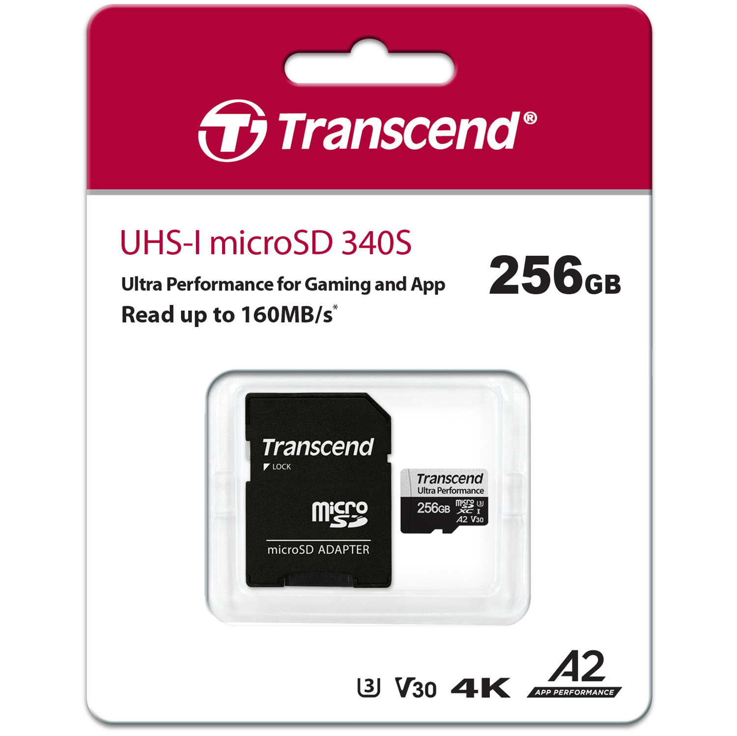 Paket mit schwarzer microSD-Karte und Adapter mit 256GB Kapazität.
