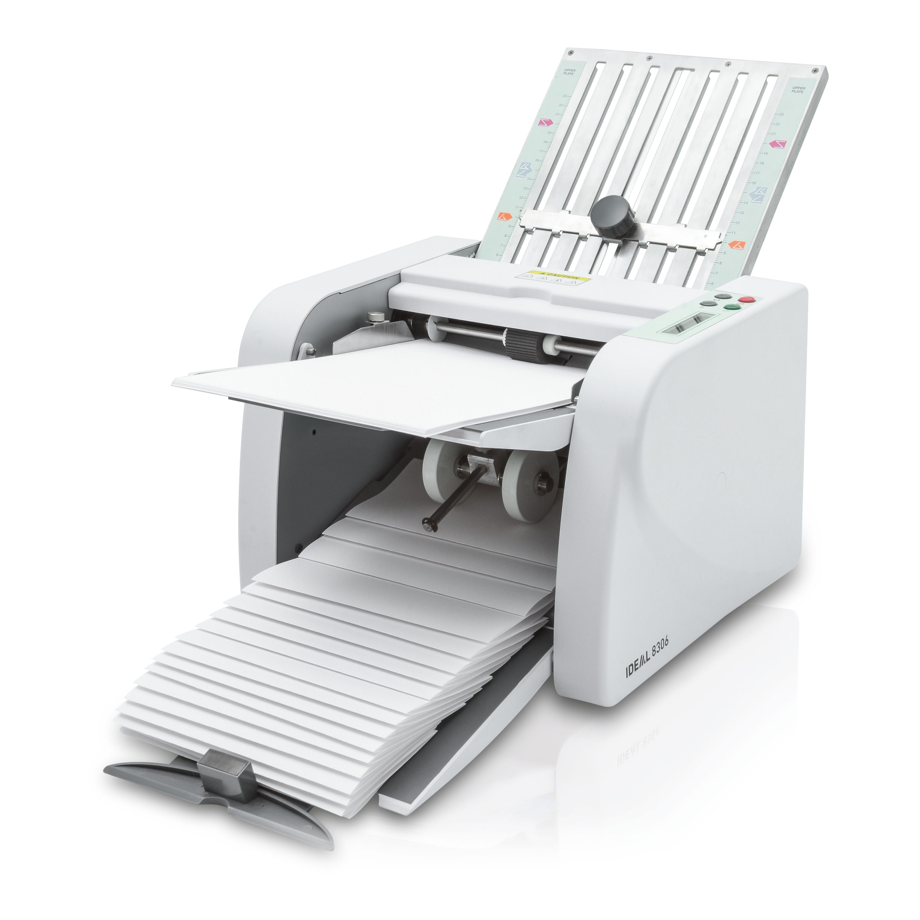 Weiße Ideal 5308 Papierfalzmaschine, mit Papier rein und raus.