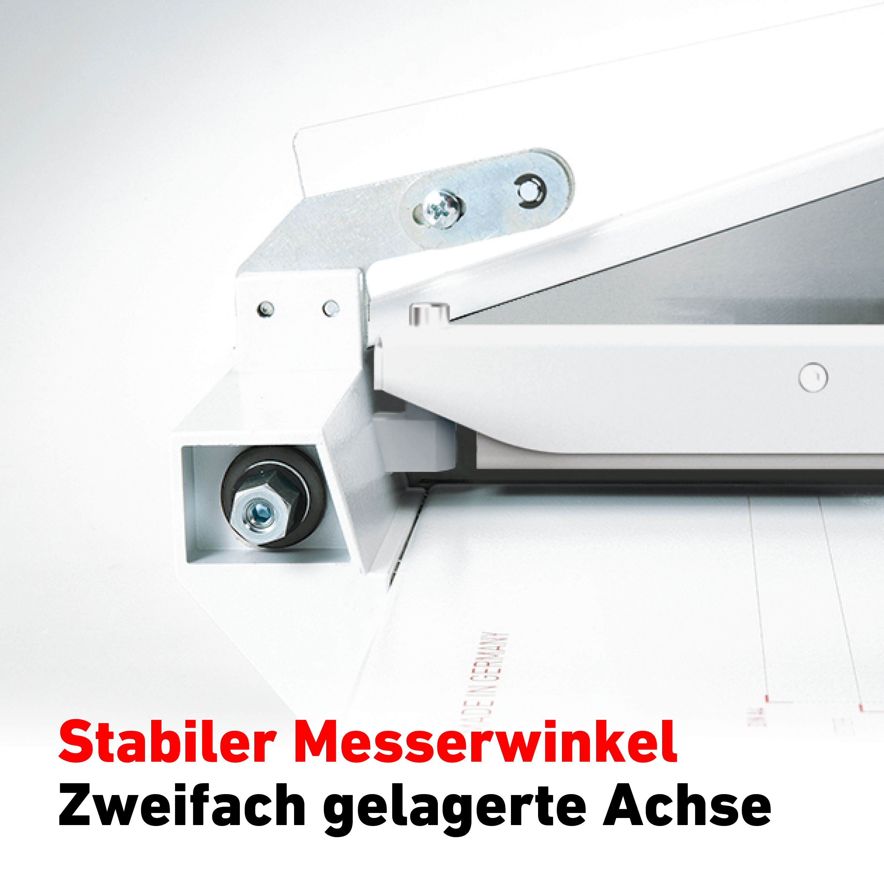 Weißer Papierschneider mit rotem Text: 'Stabiler Messerwinkel, Zweifach gelagerte Achse'.