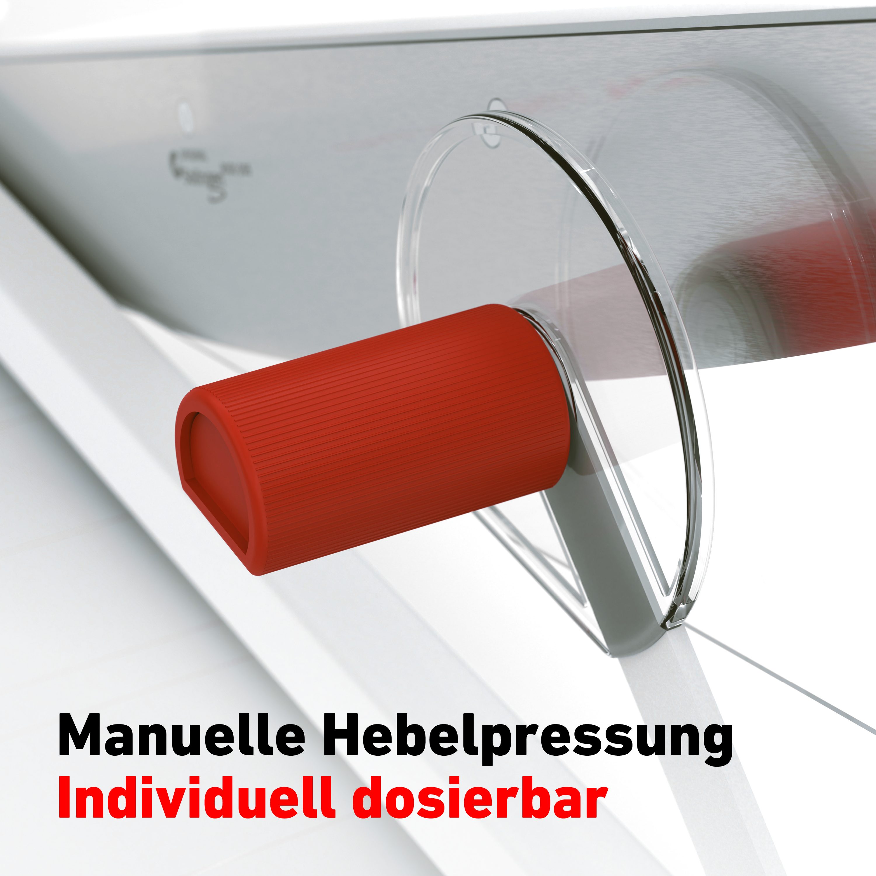 Ein roter Hebel ist mit einem transparenten Kunststoffteil verbunden.