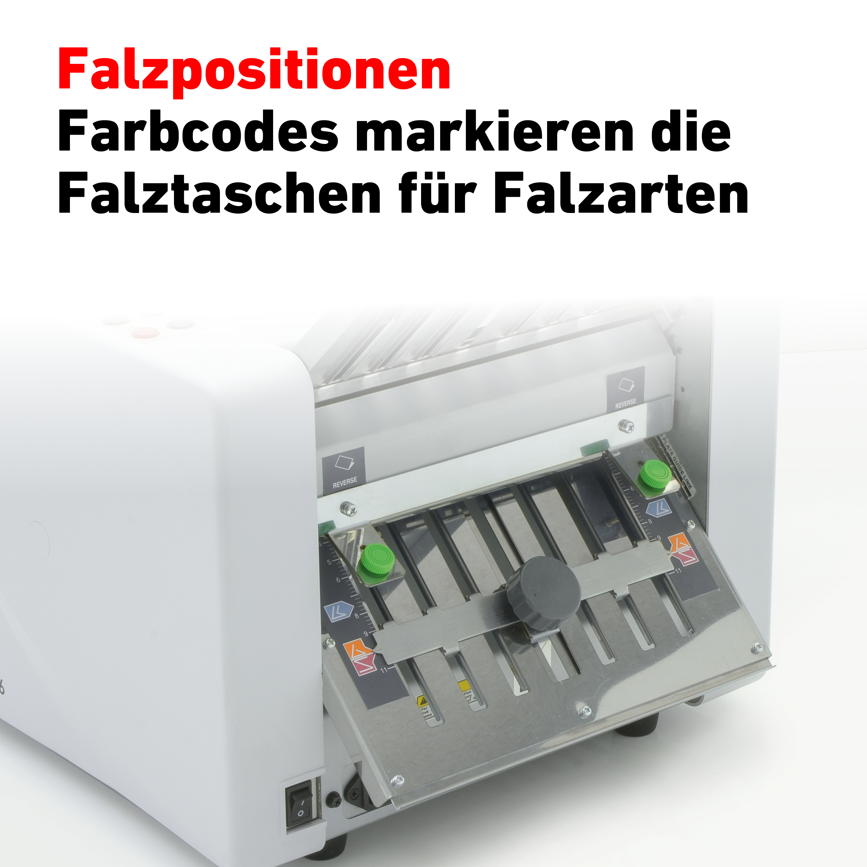 Maschine mit deutschem Text, zeigt Faltpositionen und Farbcodes für Faltarten, weißer Hintergrund.