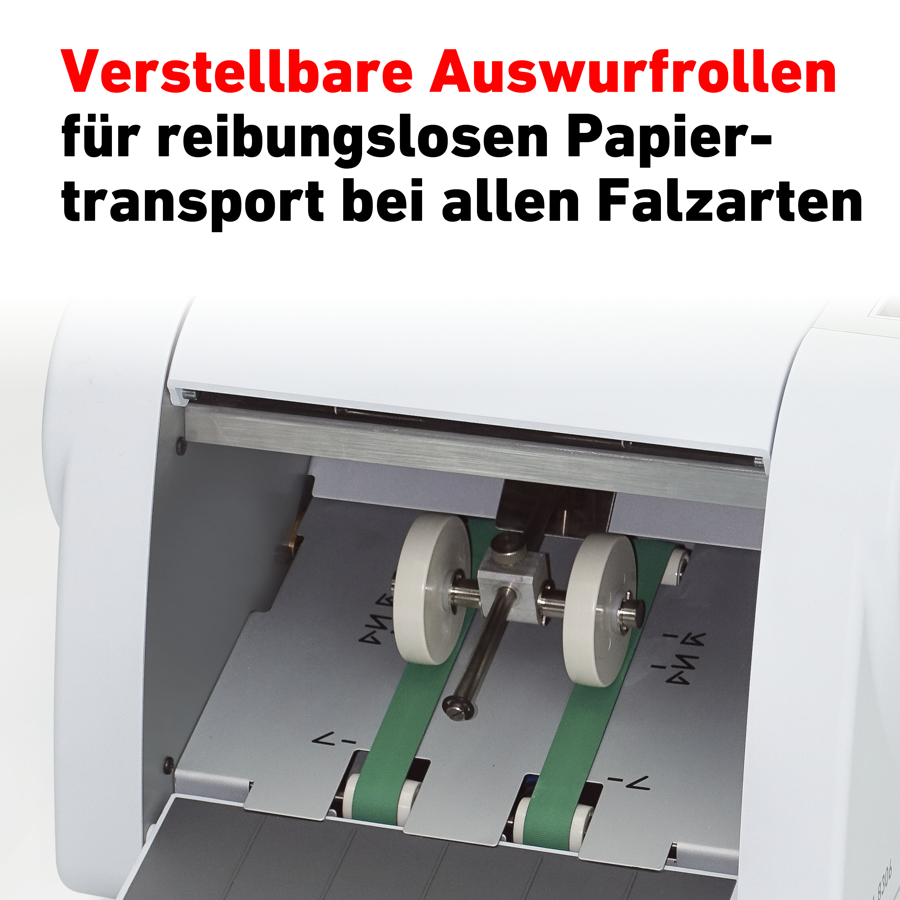 Eine Papierfaltmaschine mit deutschem Text. Rollen und grüne Bänder sind im Inneren der Maschine sichtbar.