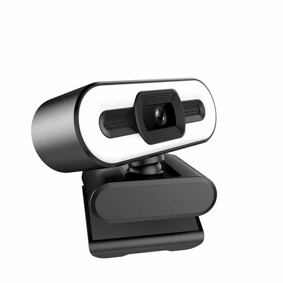Schwarze Webcam mit weißem Lichtring und schwarzem Ständer, auf weißem Hintergrund.