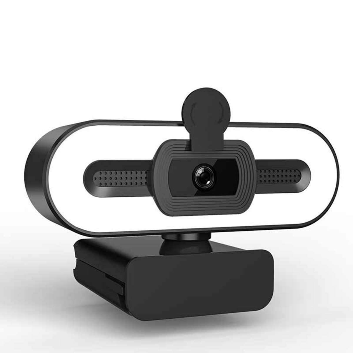 Schwarze Webcam, ovales Design, mit Licht und Linse.