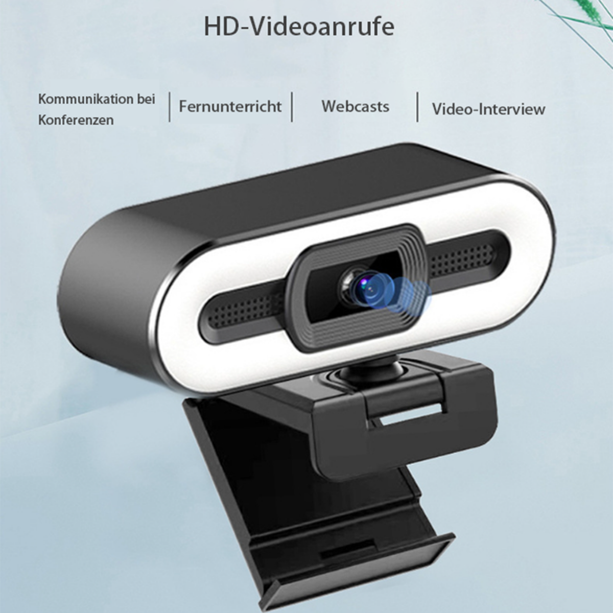 Schwarze Webcam mit weißem Lichtring und schwarzem Ständer.