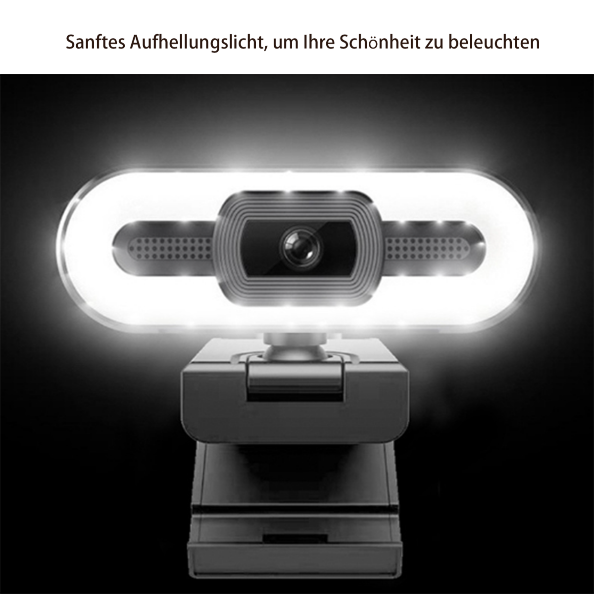 Webcam mit integriertem Ringlicht, das einen dunklen Hintergrund beleuchtet.