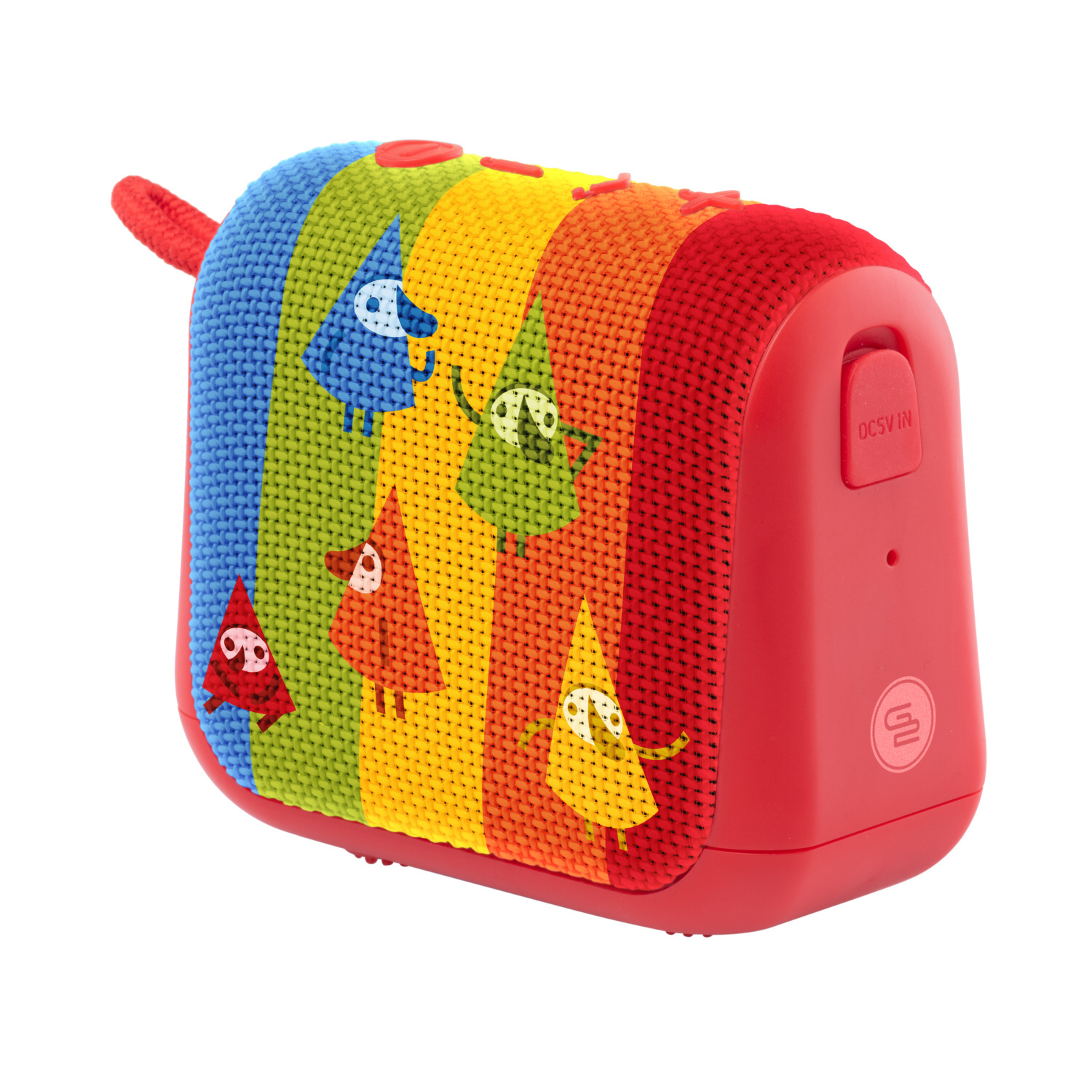 Roter und mehrfarbiger tragbarer Lautsprecher, Regenbogenstoff, Cartoonfiguren, rote Akzente, weißer Hintergrund.