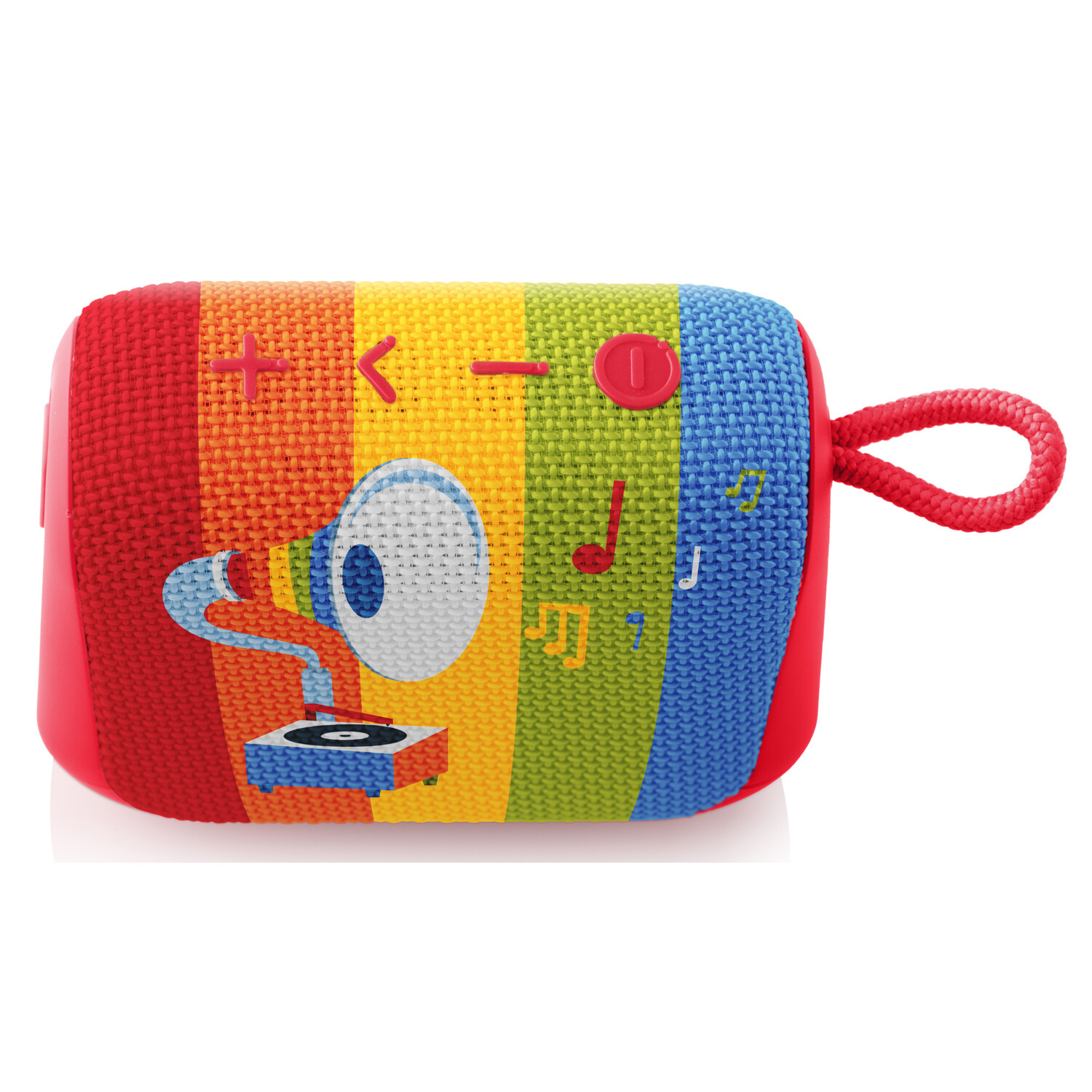 Roter und mehrfarbiger tragbarer Lautsprecher, Regenbogenstoff, Cartoonfiguren, rote Akzente, weißer Hintergrund.