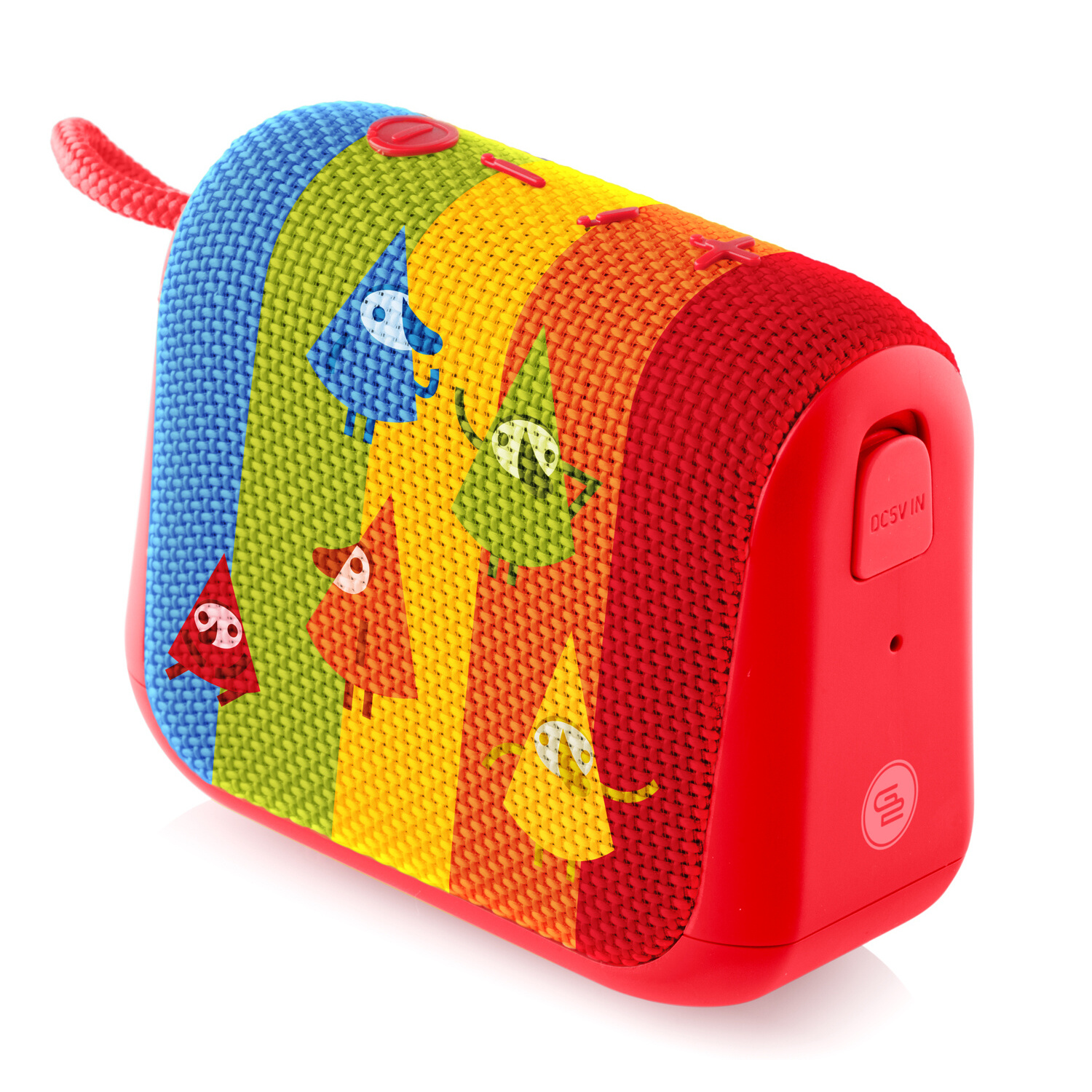 Roter und mehrfarbiger tragbarer Lautsprecher, Regenbogenstoff, Cartoonfiguren, rote Akzente, weißer Hintergrund.