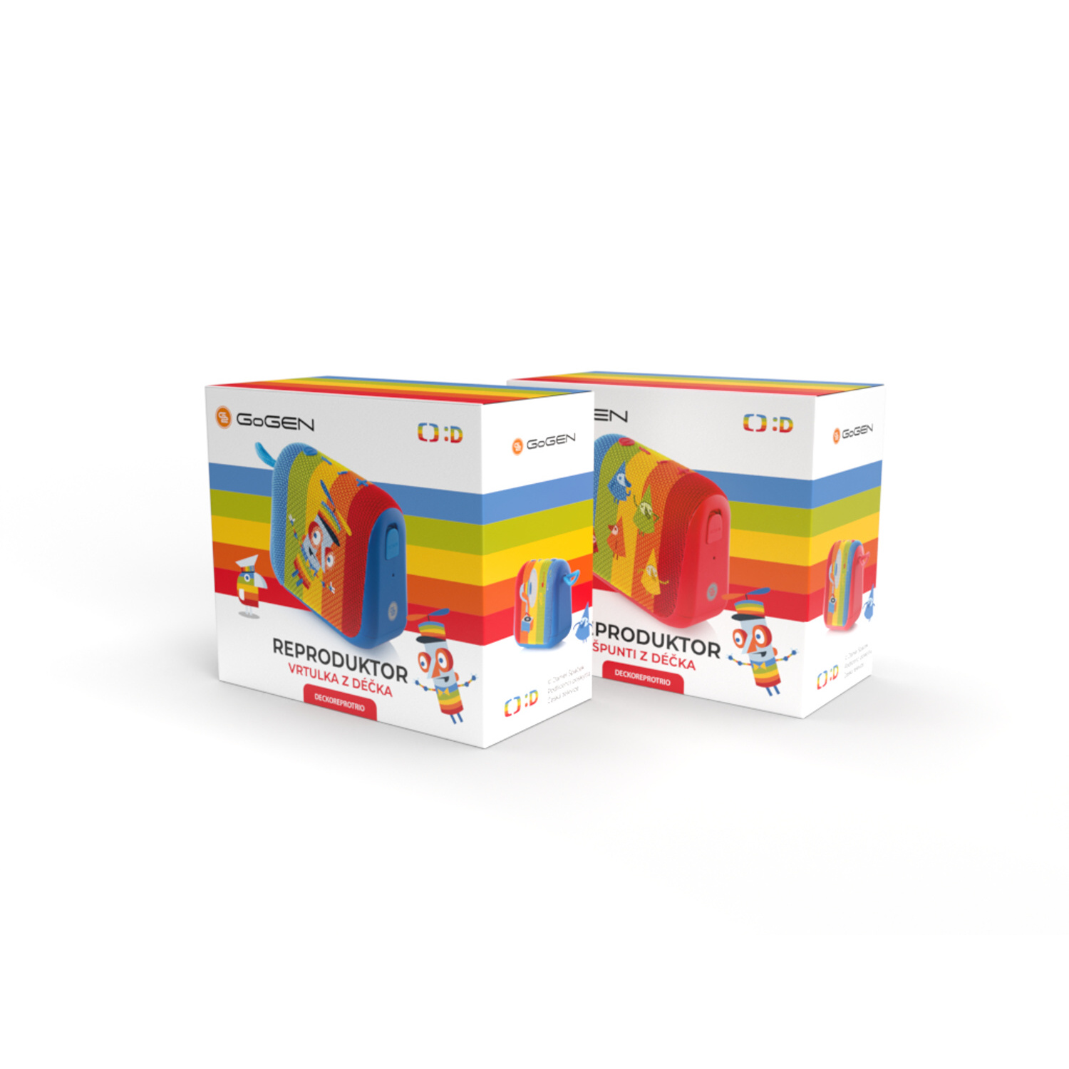 Zwei Produktverpackungen, Regenbogen-Lautsprecherdesign, Figuren, weißer Hintergrund.