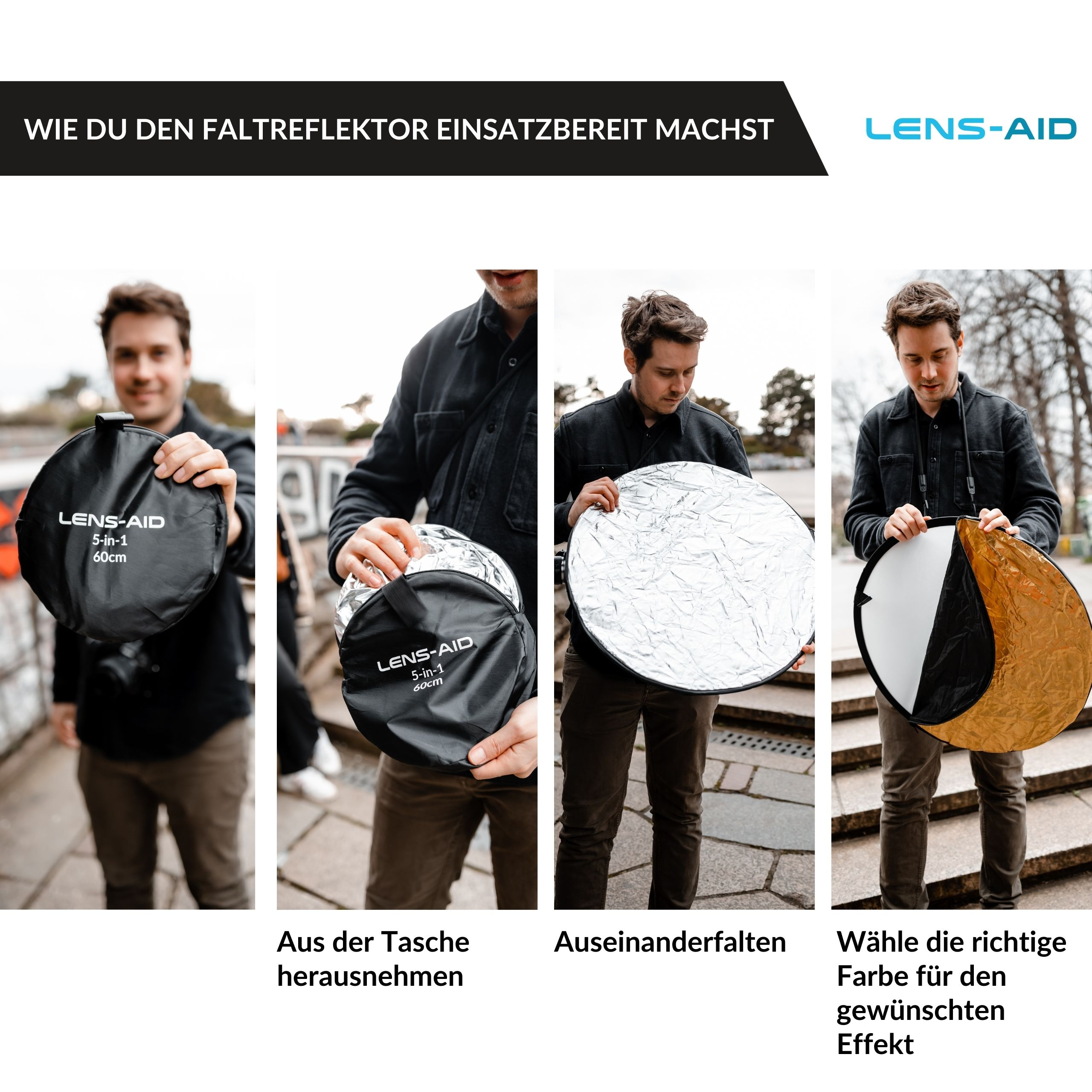 LENS-AID 5-in-1-Faltreflektor, Mehrfarbig, Porträtfotografie, passend Foodfotografie Makrofotografie, für Fotostudio-Set