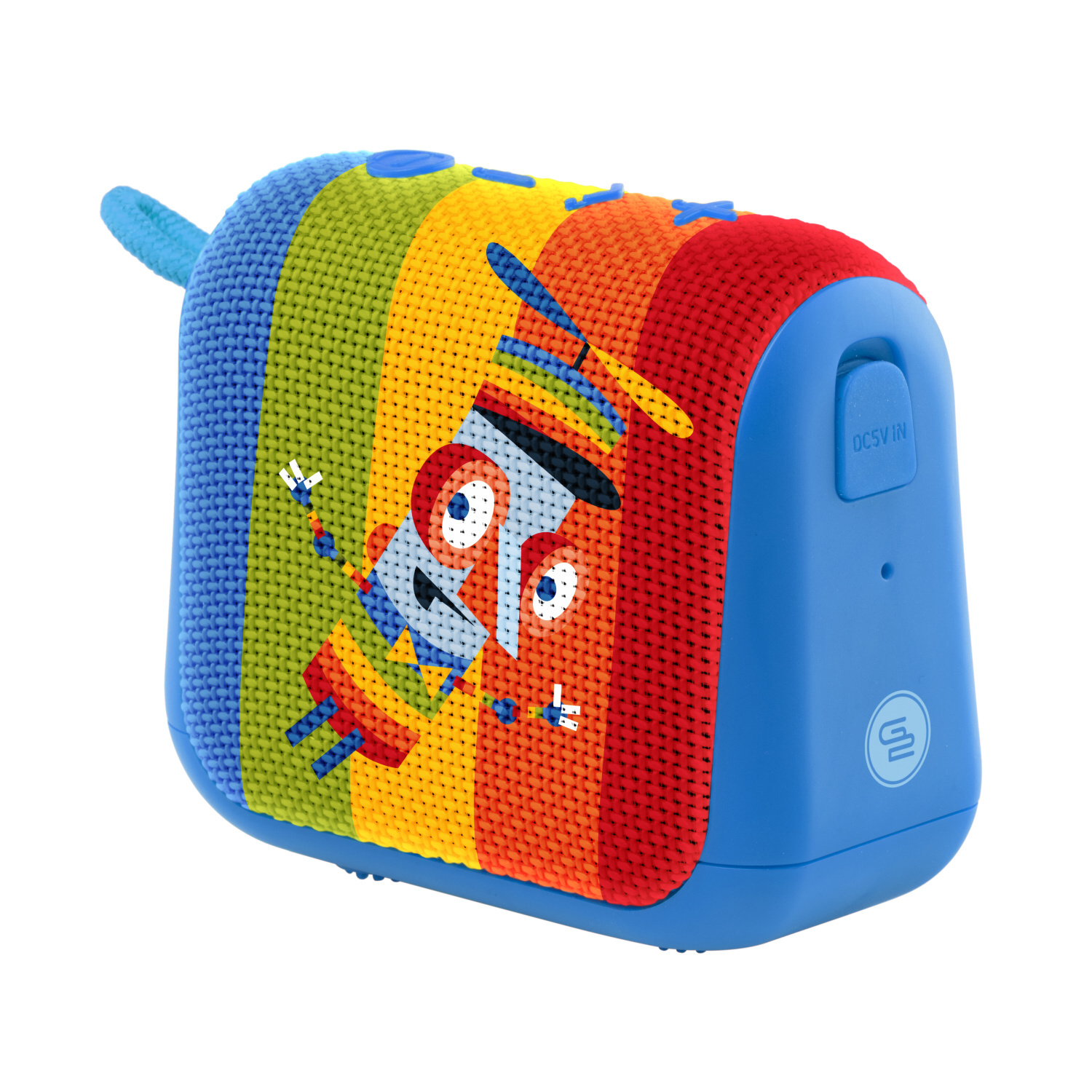 Altoparlante blu con design a personaggio dei cartoni animati. Strisce arcobaleno e manico blu.